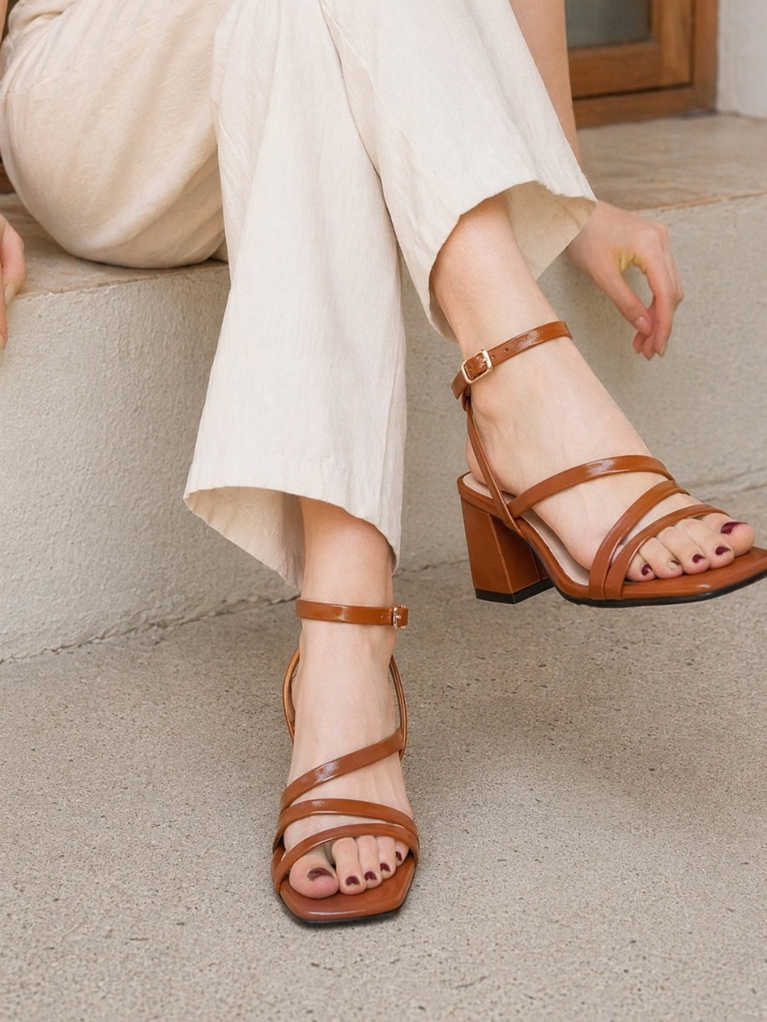 Brown Strappy Block Heel Sandals 