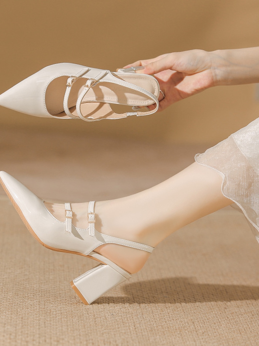 White Slingback Block Heel Pumps