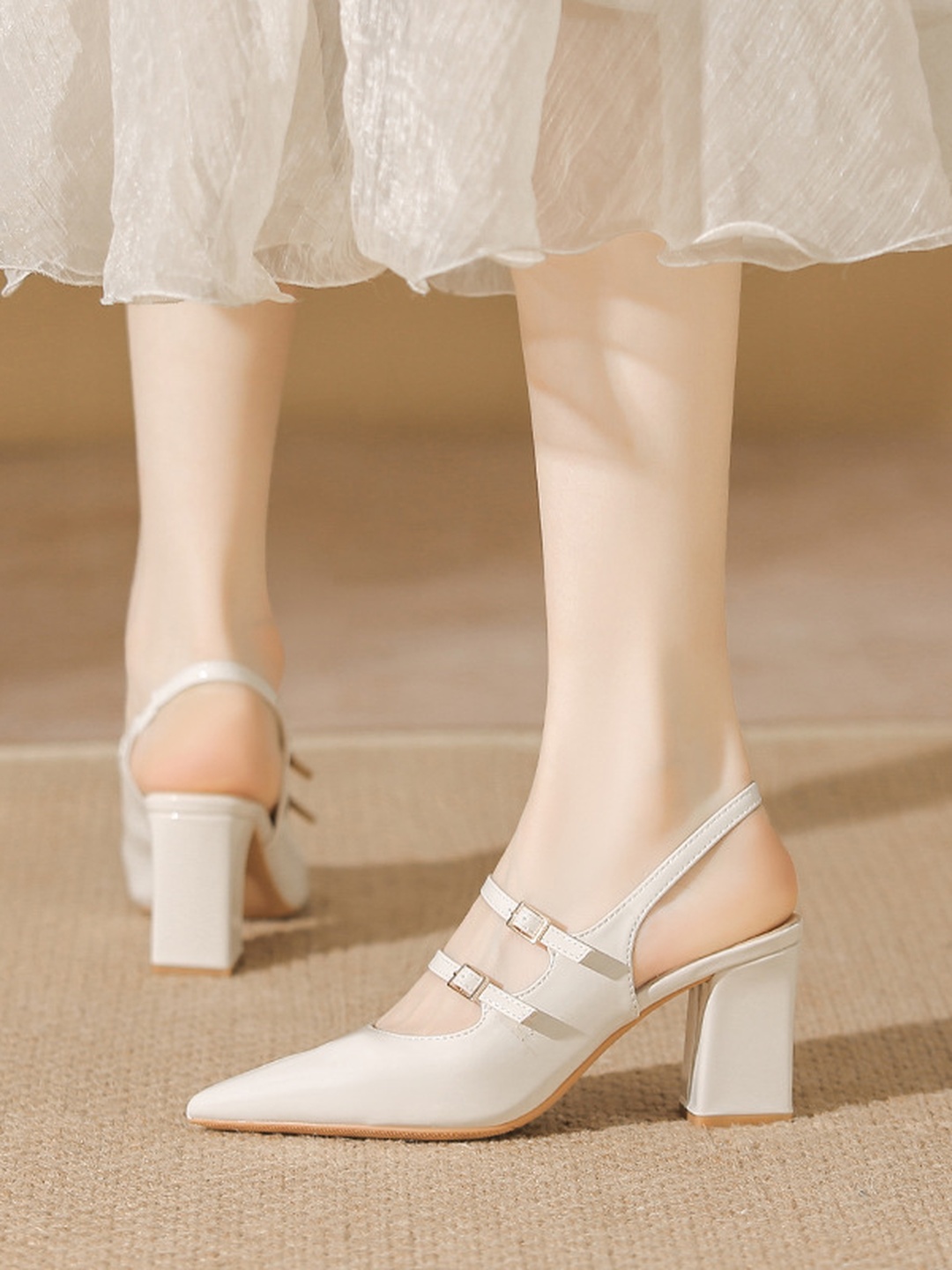 White Slingback Block Heel Pumps