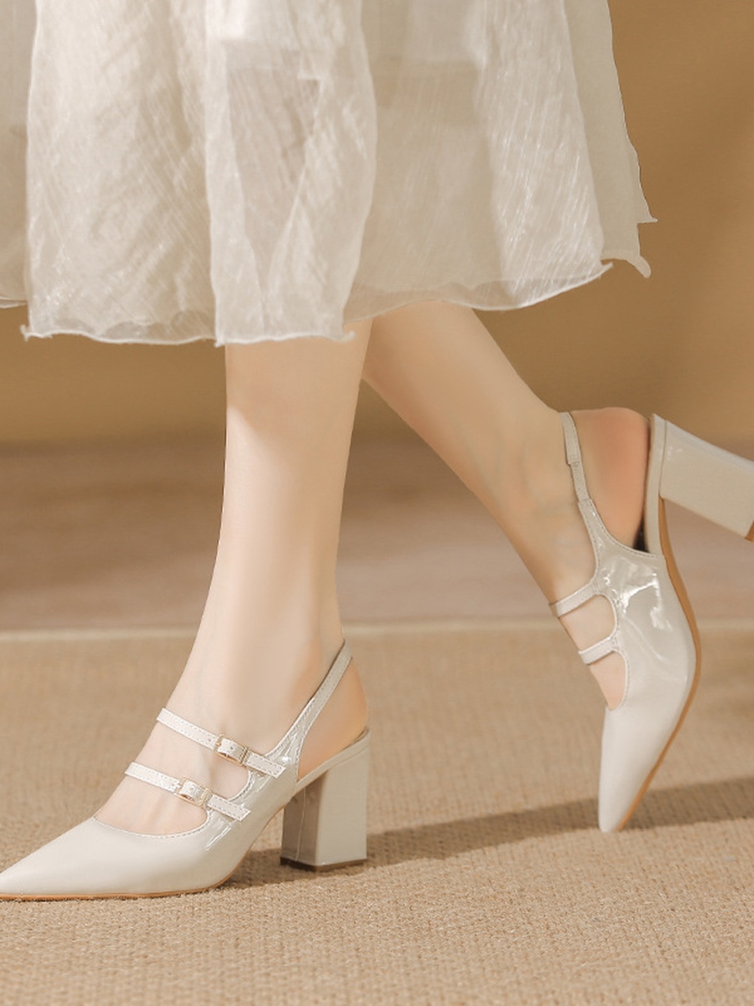 White Slingback Block Heel Pumps