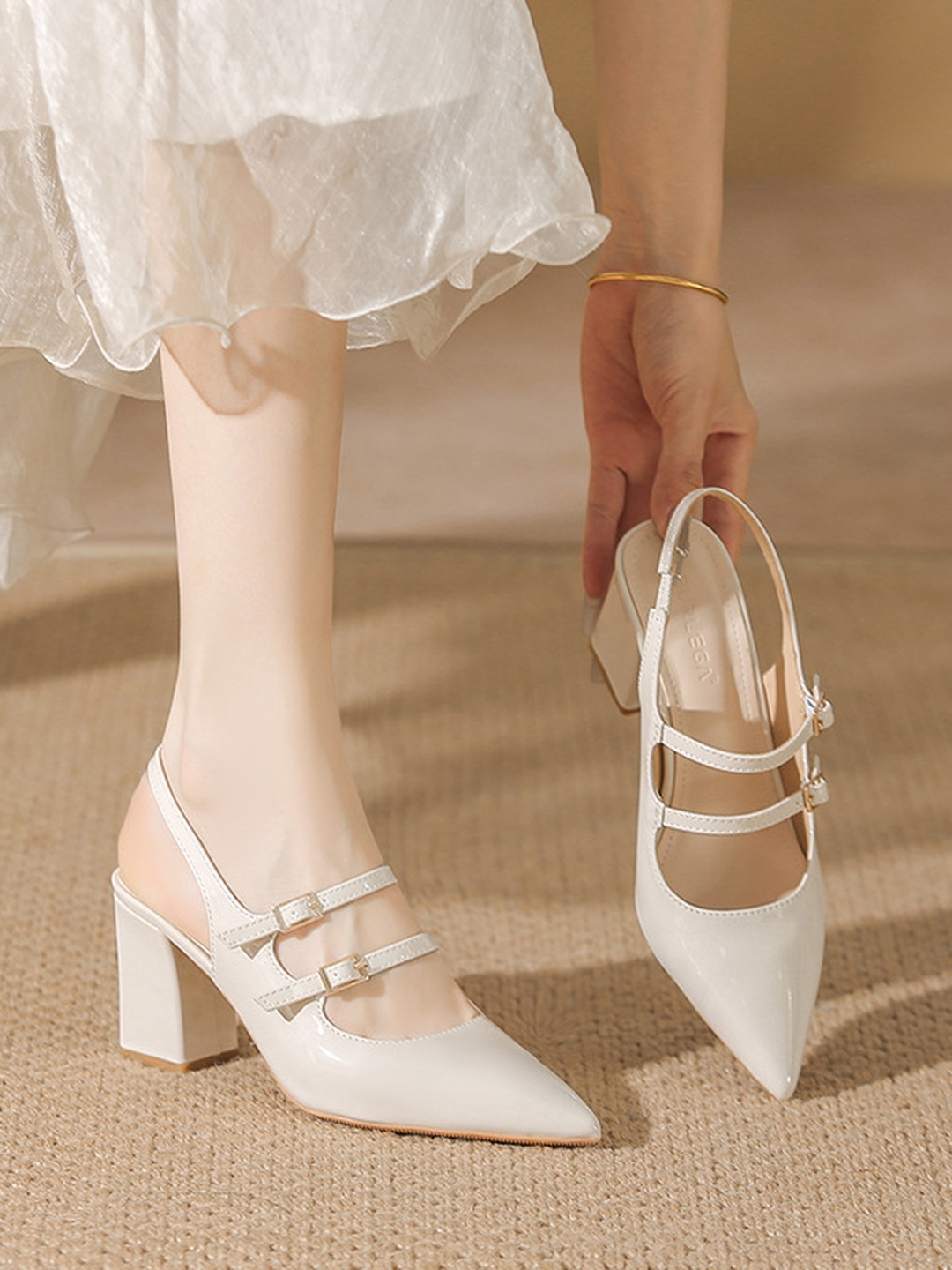 White Slingback Block Heel Pumps