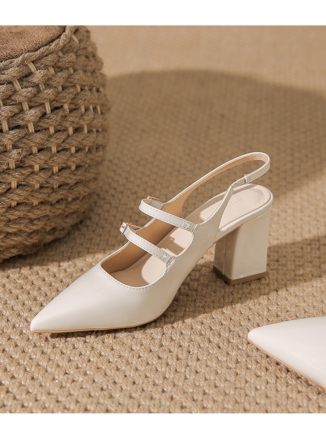 White Slingback Block Heel Pumps
