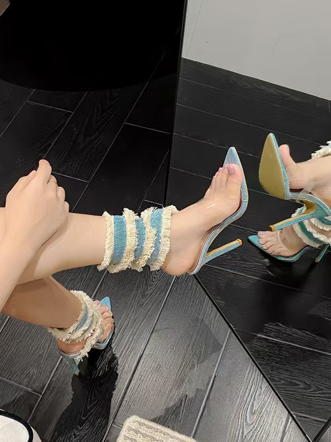 Blue Denim Fringed High Heel Sandals with Clear Straps