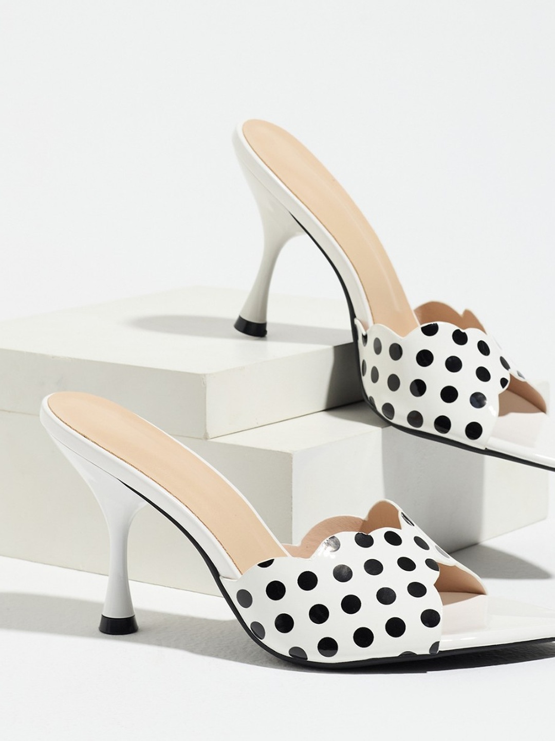 White Polka Dot Open-Toe Sandals with Thin High Heels