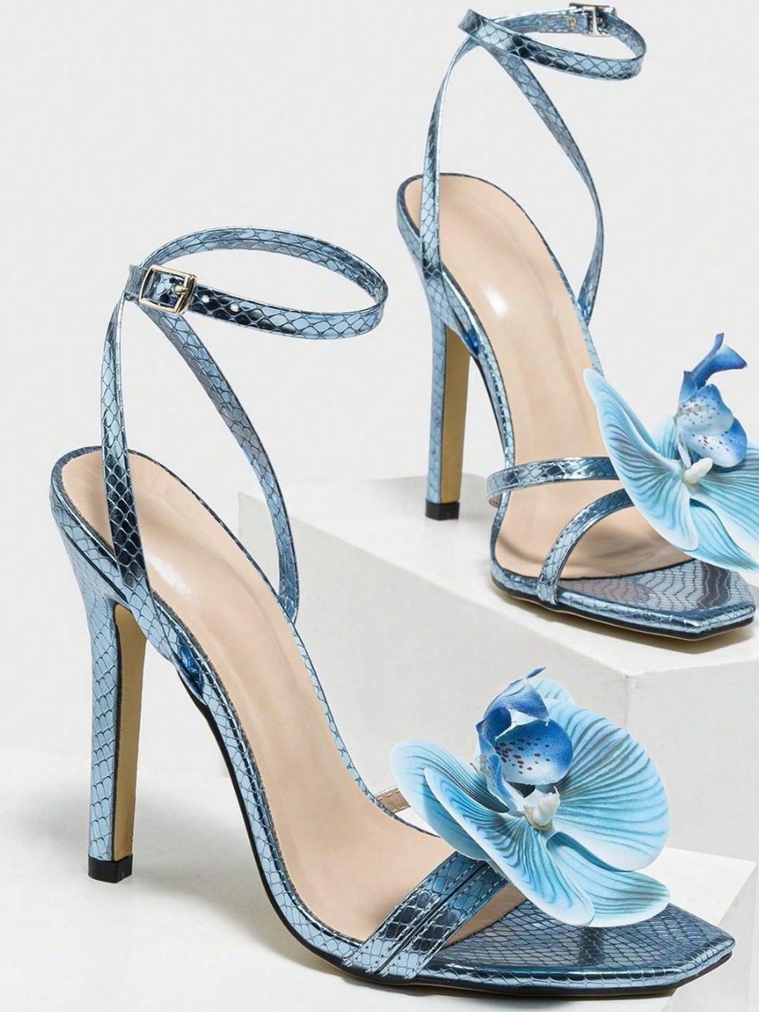 Blue Floral Stiletto Sandals with Ankle Strap