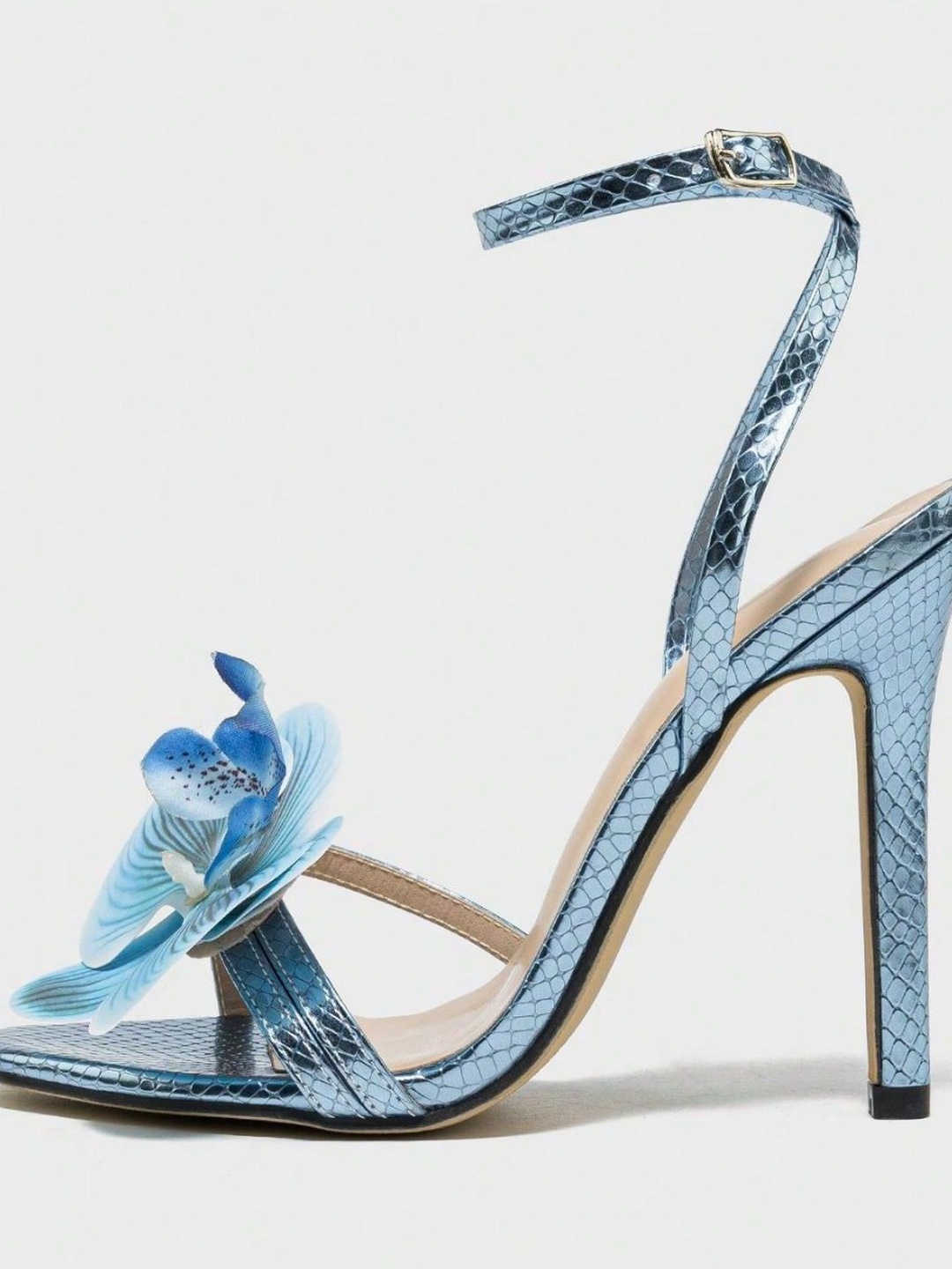 Blue Floral Stiletto Sandals with Ankle Strap