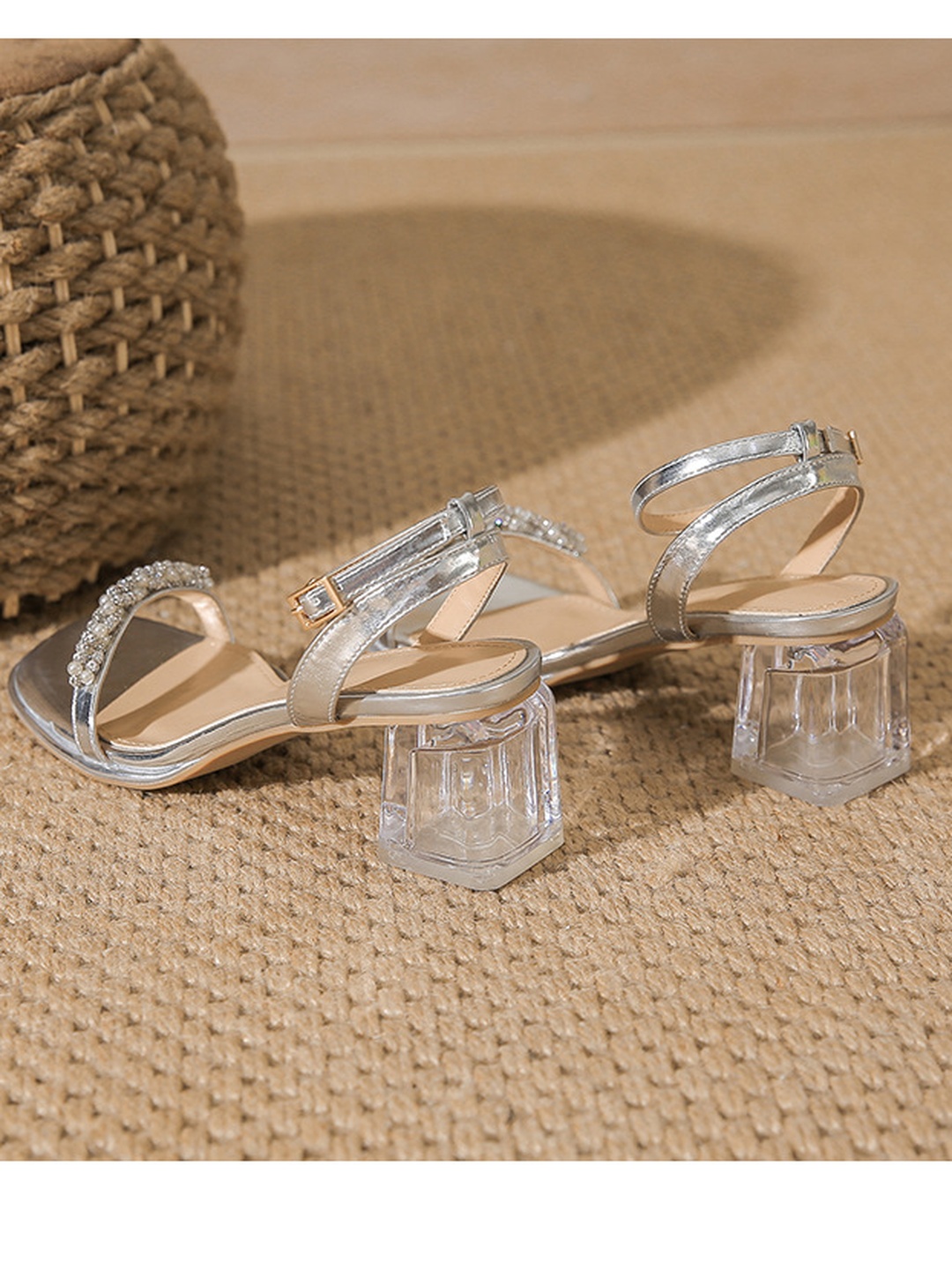 Silver Mid-Heel Sandals with Rhinestone Straps