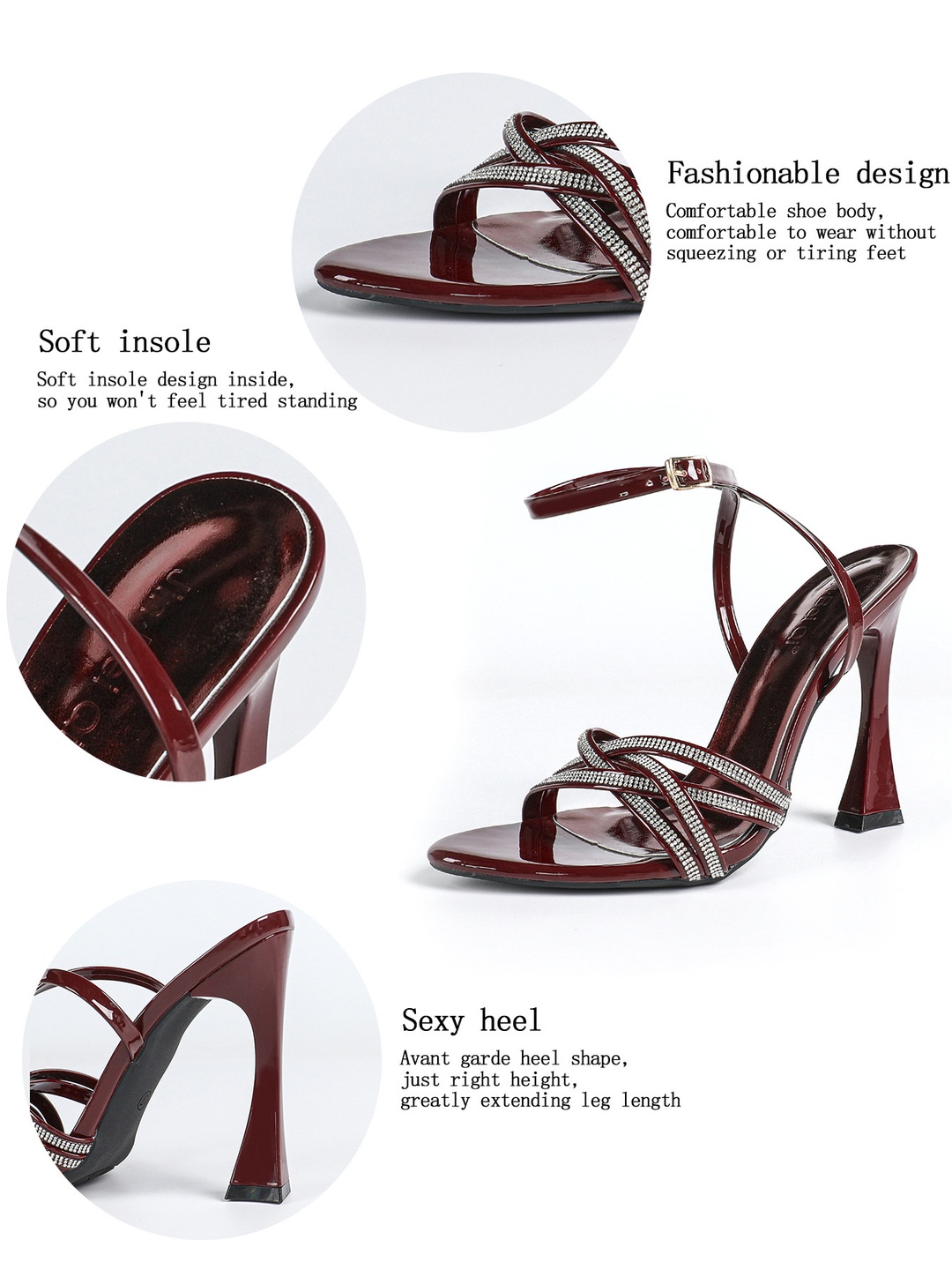 Burgundy Rhinestone High Heel Sandals with Ankle Strap
