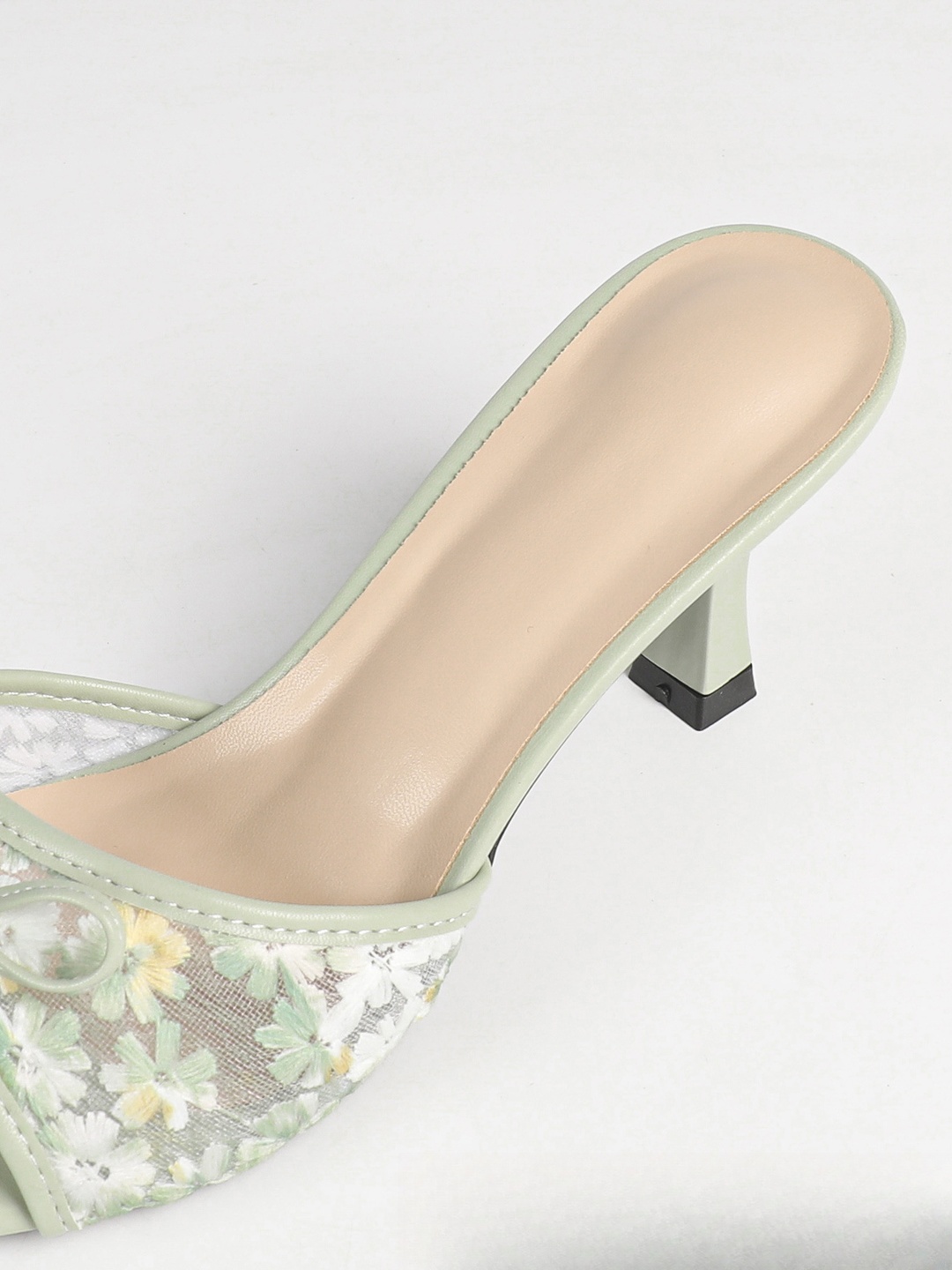 Green Floral Mesh Mid-Heel Sandals