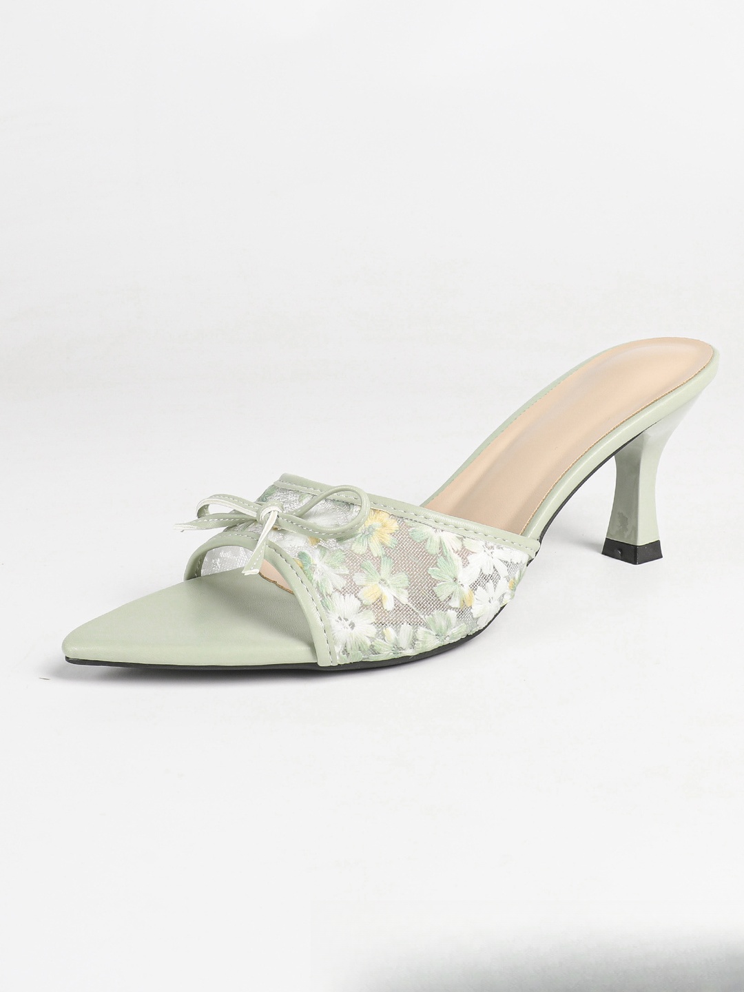 Green Floral Mesh Mid-Heel Sandals