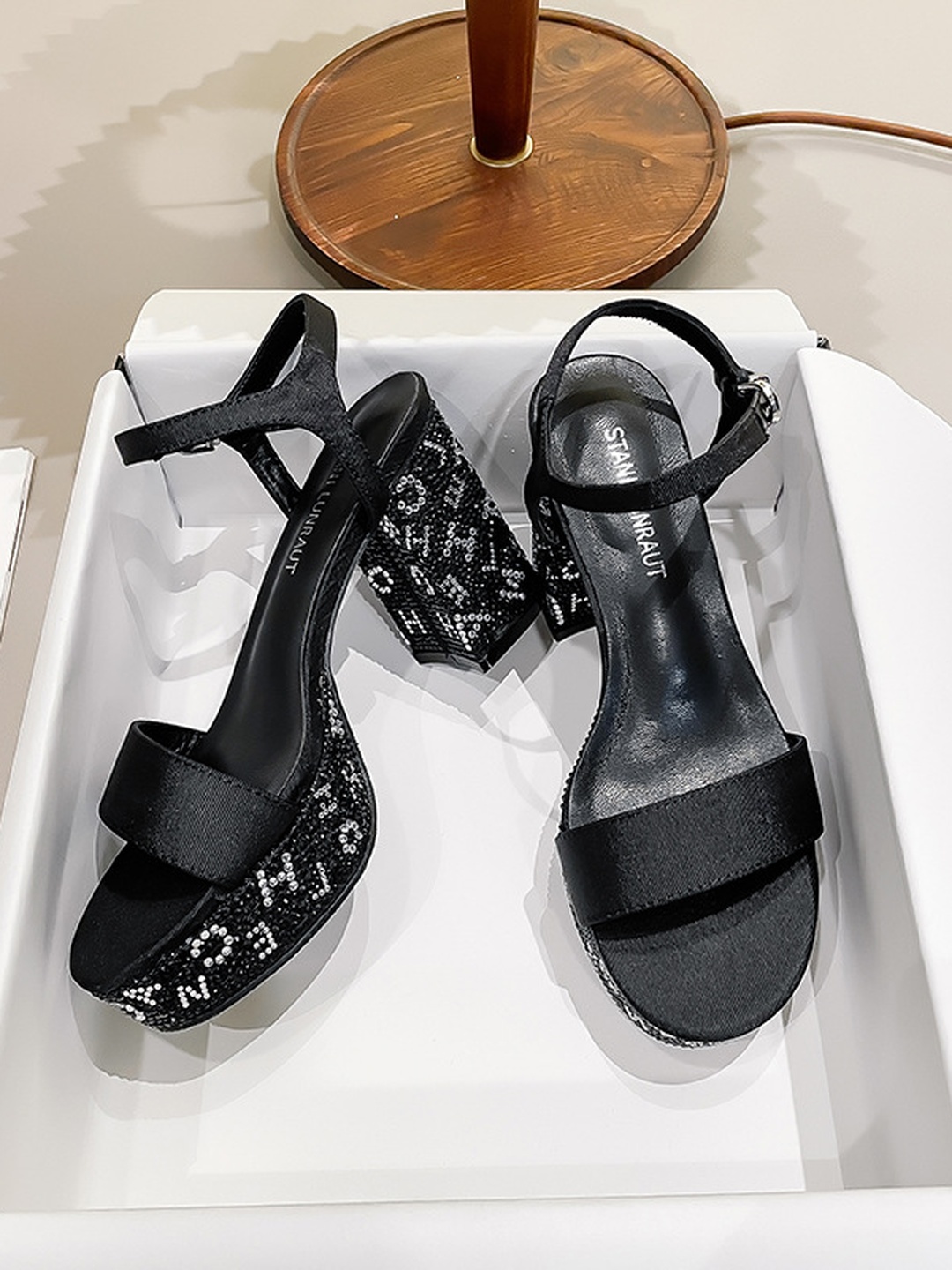 Black Rhinestone Platform Block Heel Sandals with Ankle Strap Design