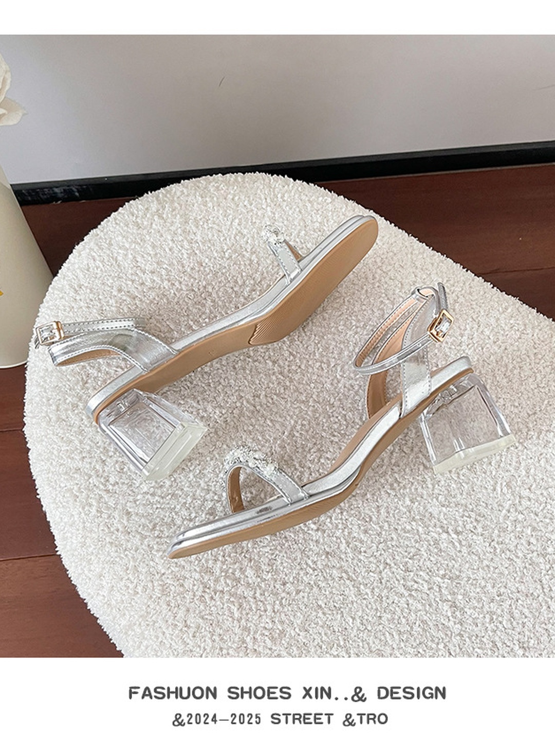 Silver Pearl Embellished Block Heel Sandals