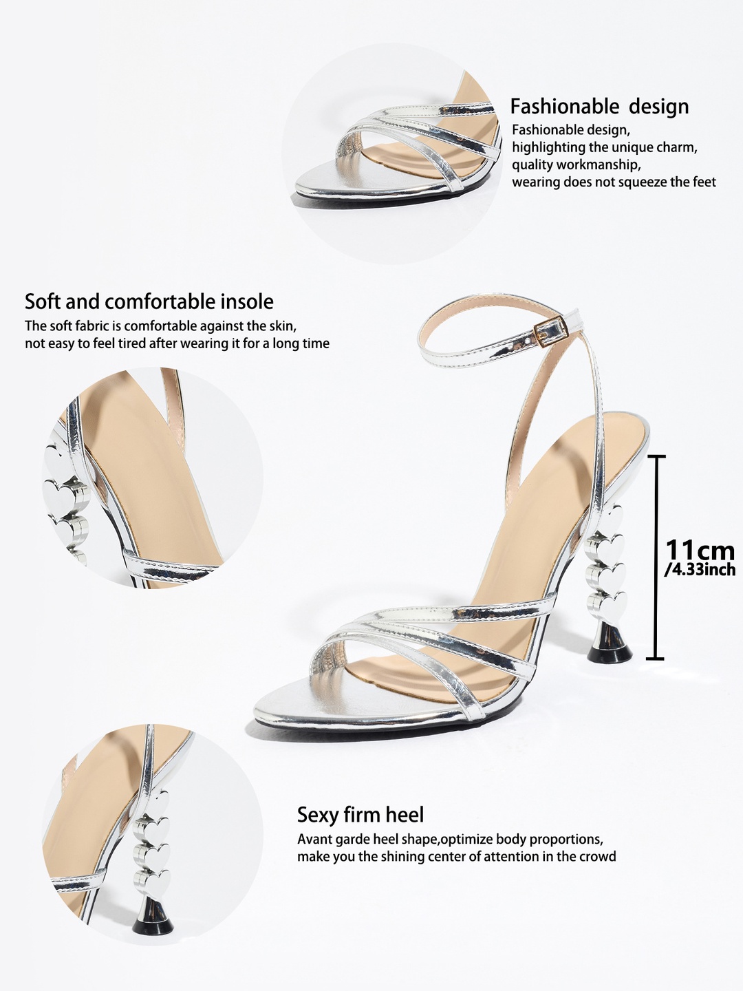 Silver Heart-Stacked High Heel Sandals with Ankle Strap