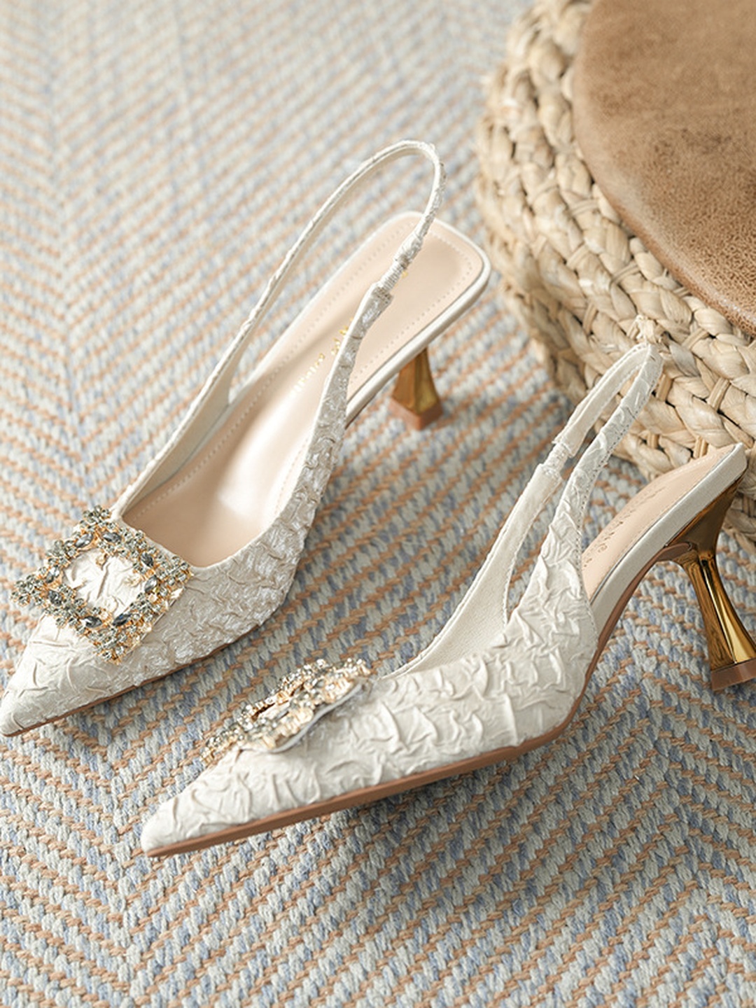 White Embossed Slingback Pointed-Toe Stiletto Pumps with Rhinestone
