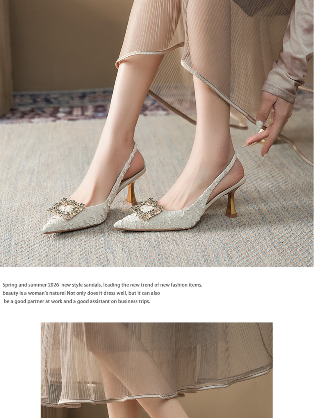 White Embossed Slingback Pointed-Toe Stiletto Pumps with Rhinestone