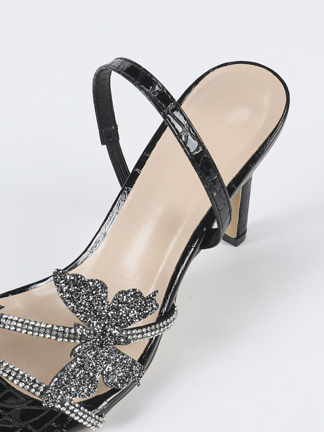 Black Rhinestone Butterfly High Heel Slingback Sandals
