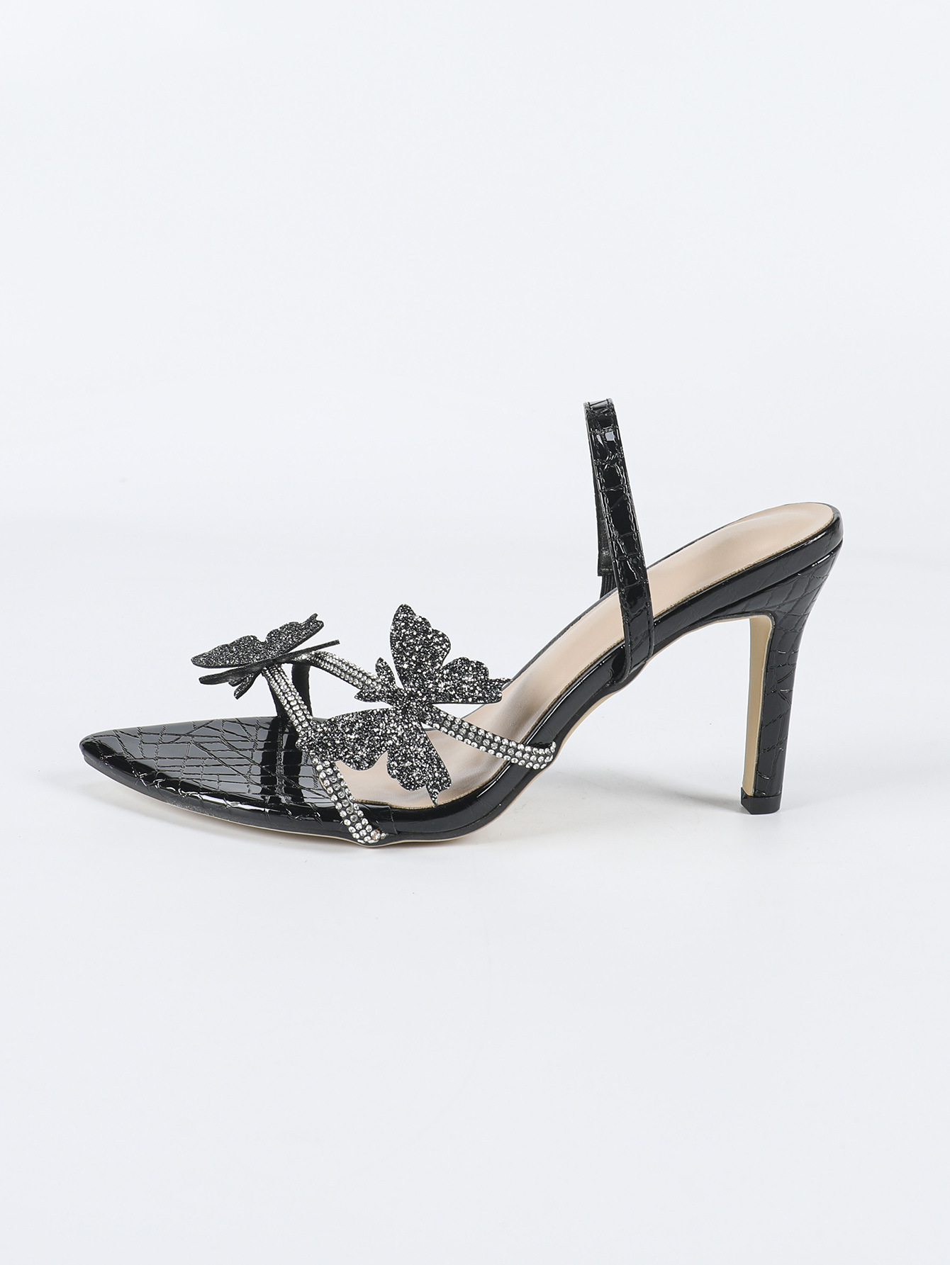 Black Rhinestone Butterfly High Heel Slingback Sandals