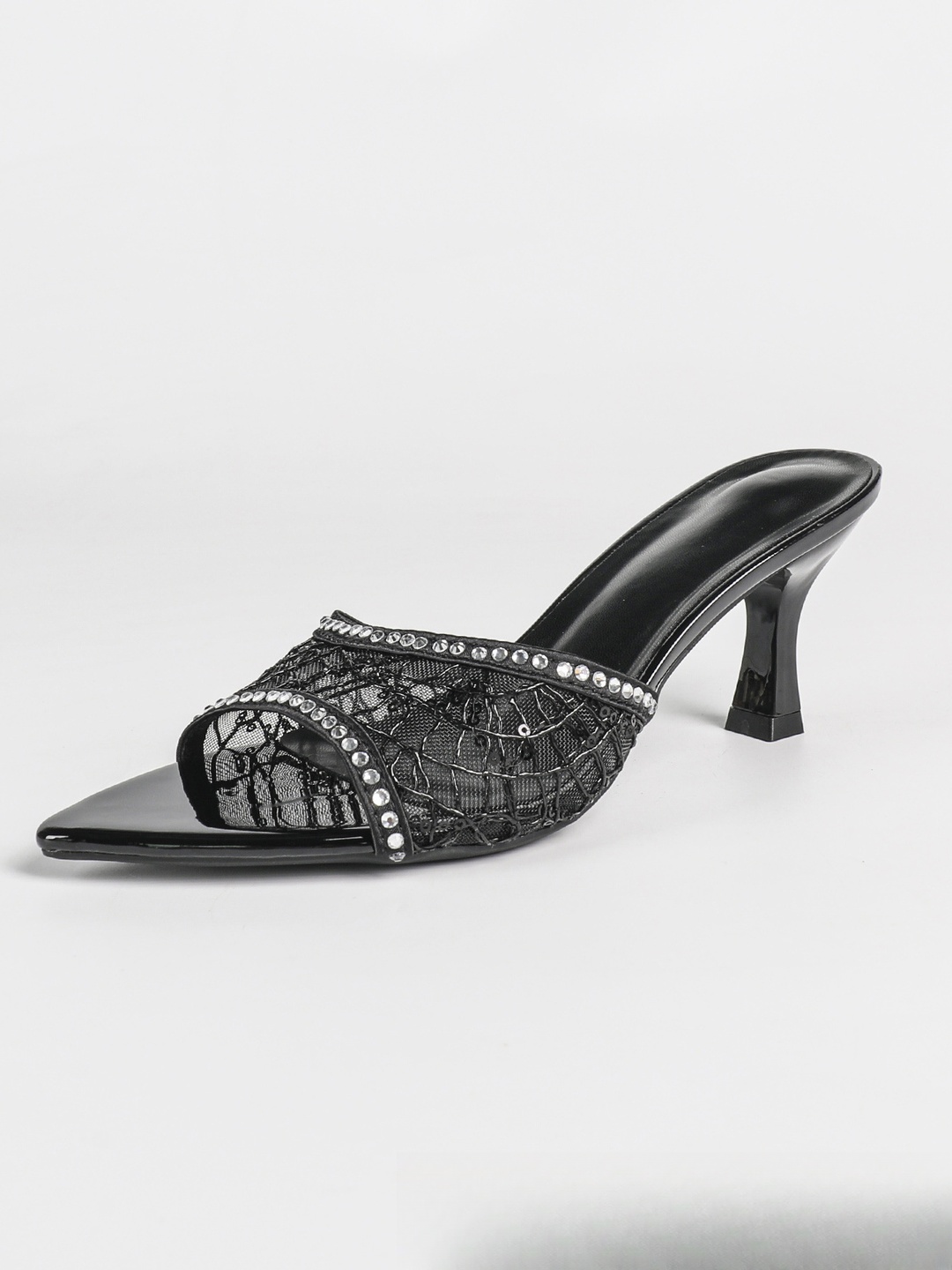 Black Mesh Rhinestone Mid Heel Sandals