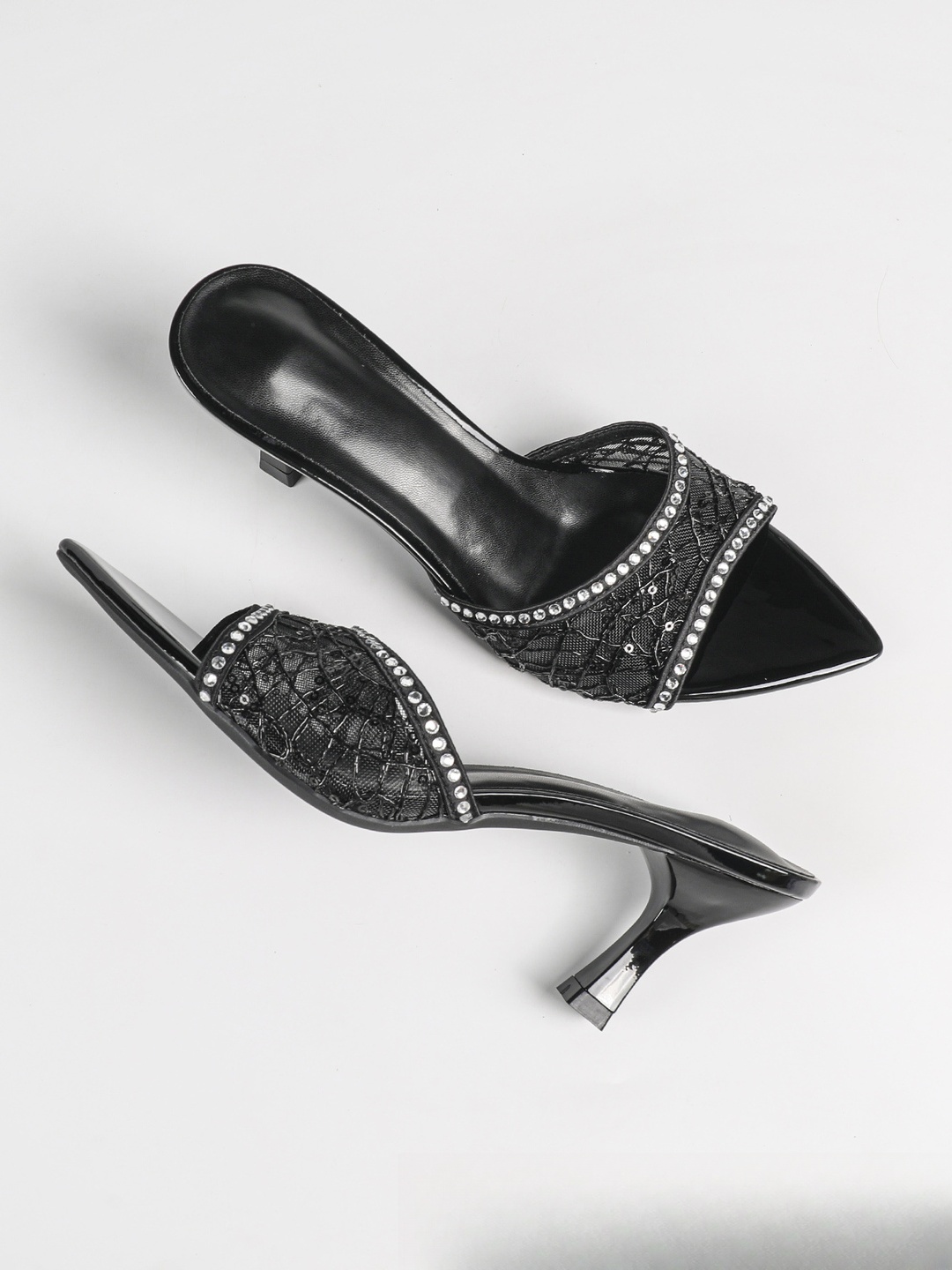 Black Mesh Rhinestone Mid Heel Sandals
