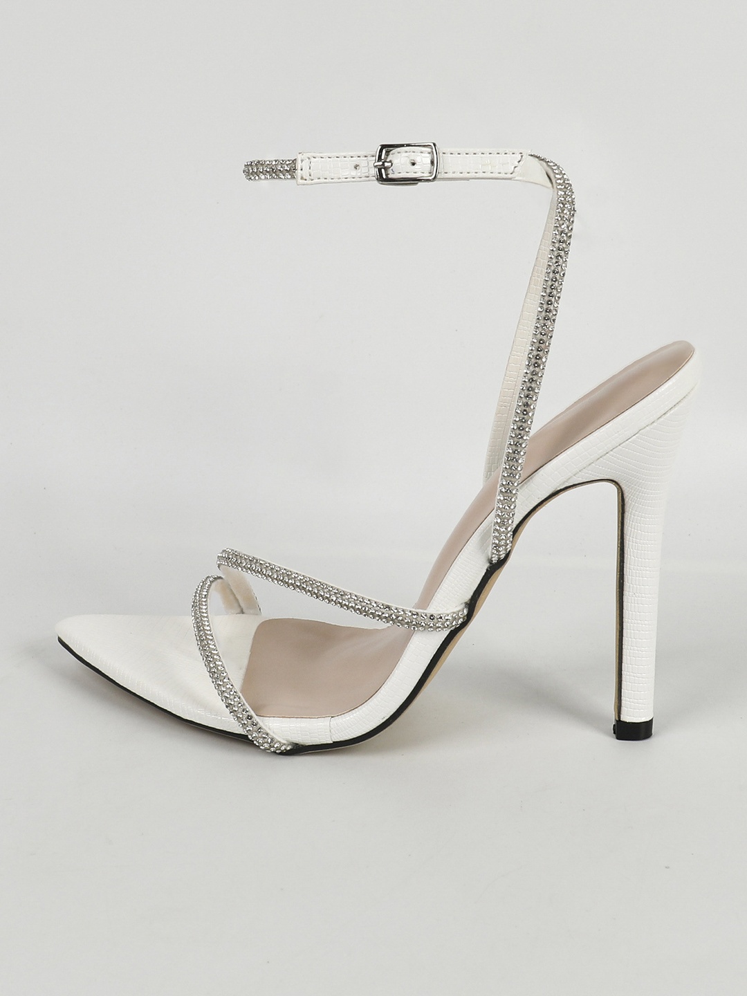صندل بكعب رفيع وسير كاحل وحجر الراين أبيض
