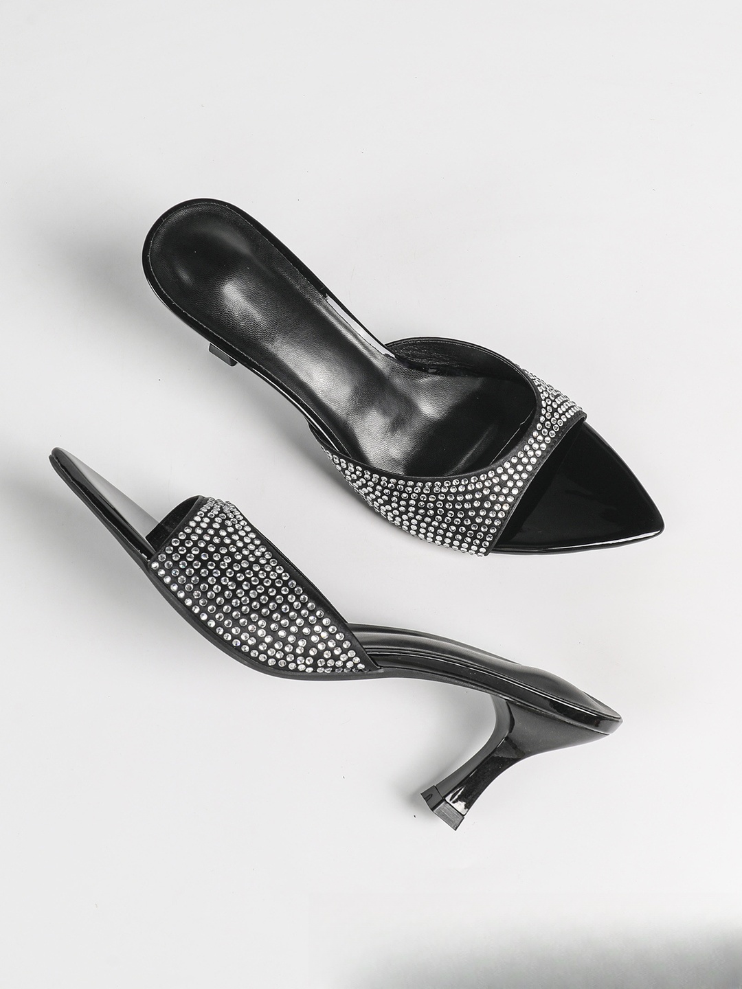 Black Rhinestone Mid-Heel Sandals