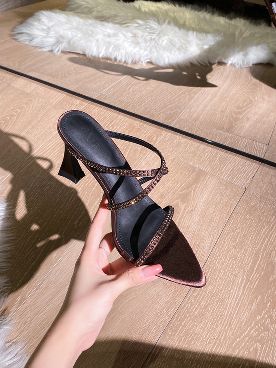 Brown Rhinestone Mid-Heel Sandals with Pointed Toe