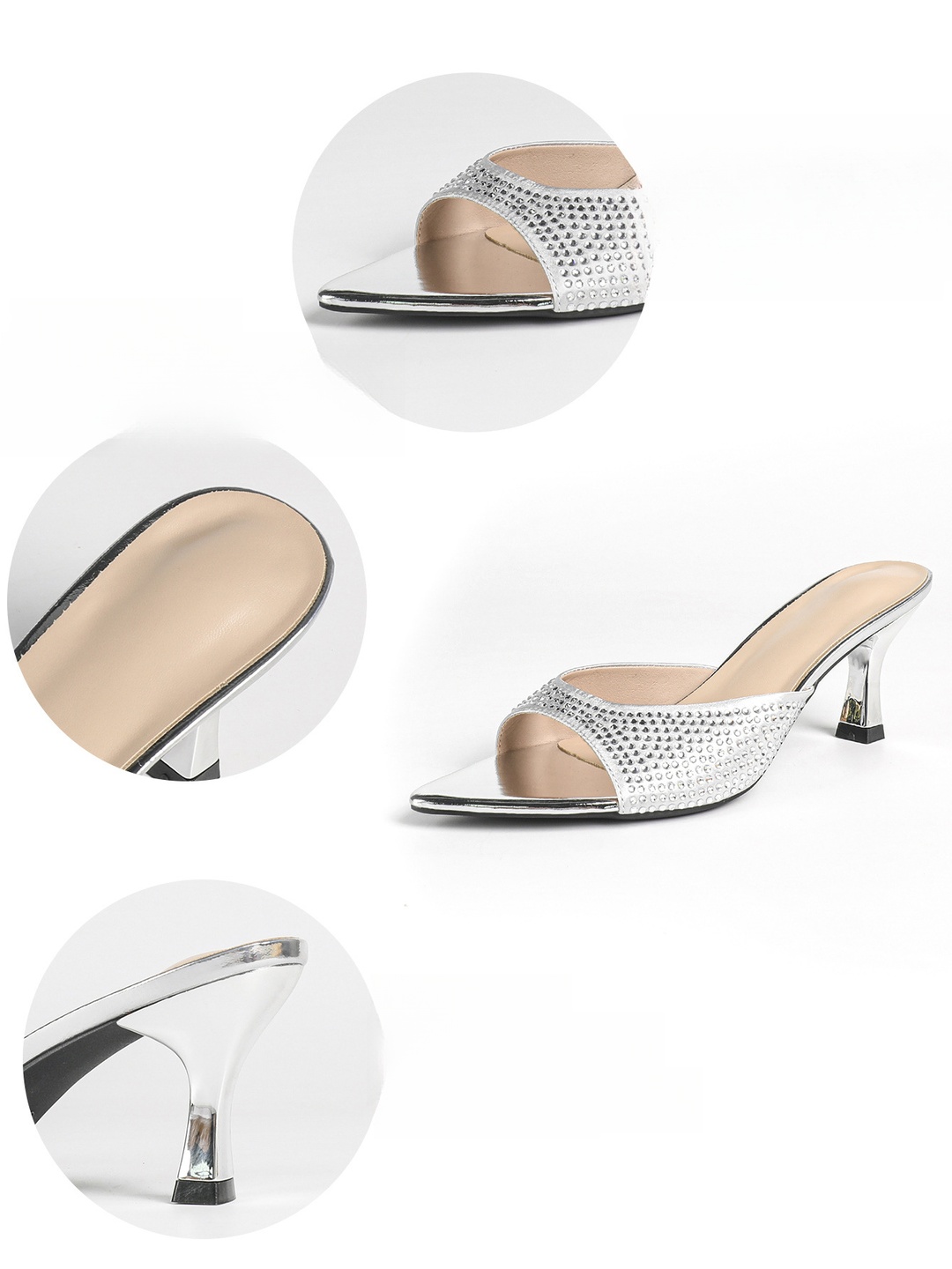 Silver Rhinestone Mid-Heel Sandals