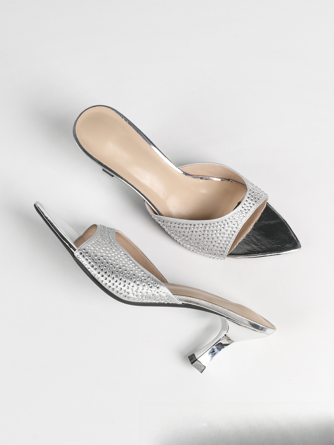 Silver Rhinestone Mid-Heel Sandals