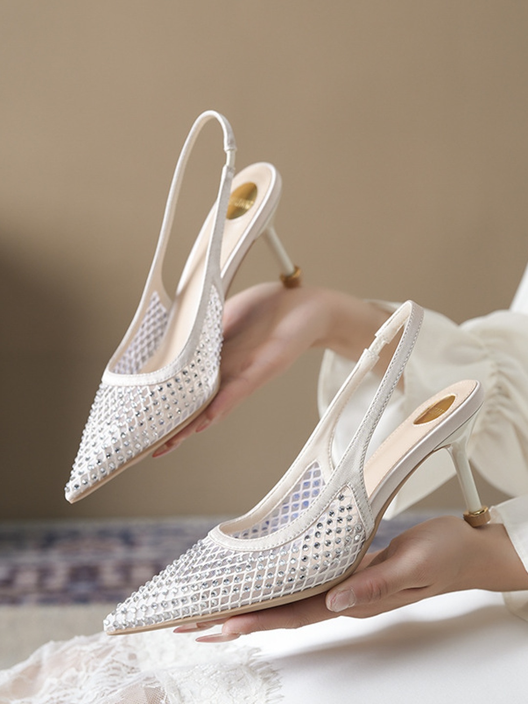 White Mesh Slingback Heels with Rhinestones