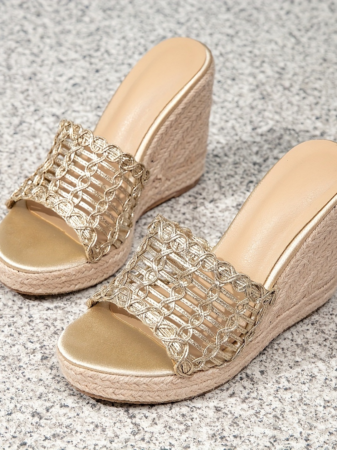 Women Gold Woven Espadrille Wedge Slides