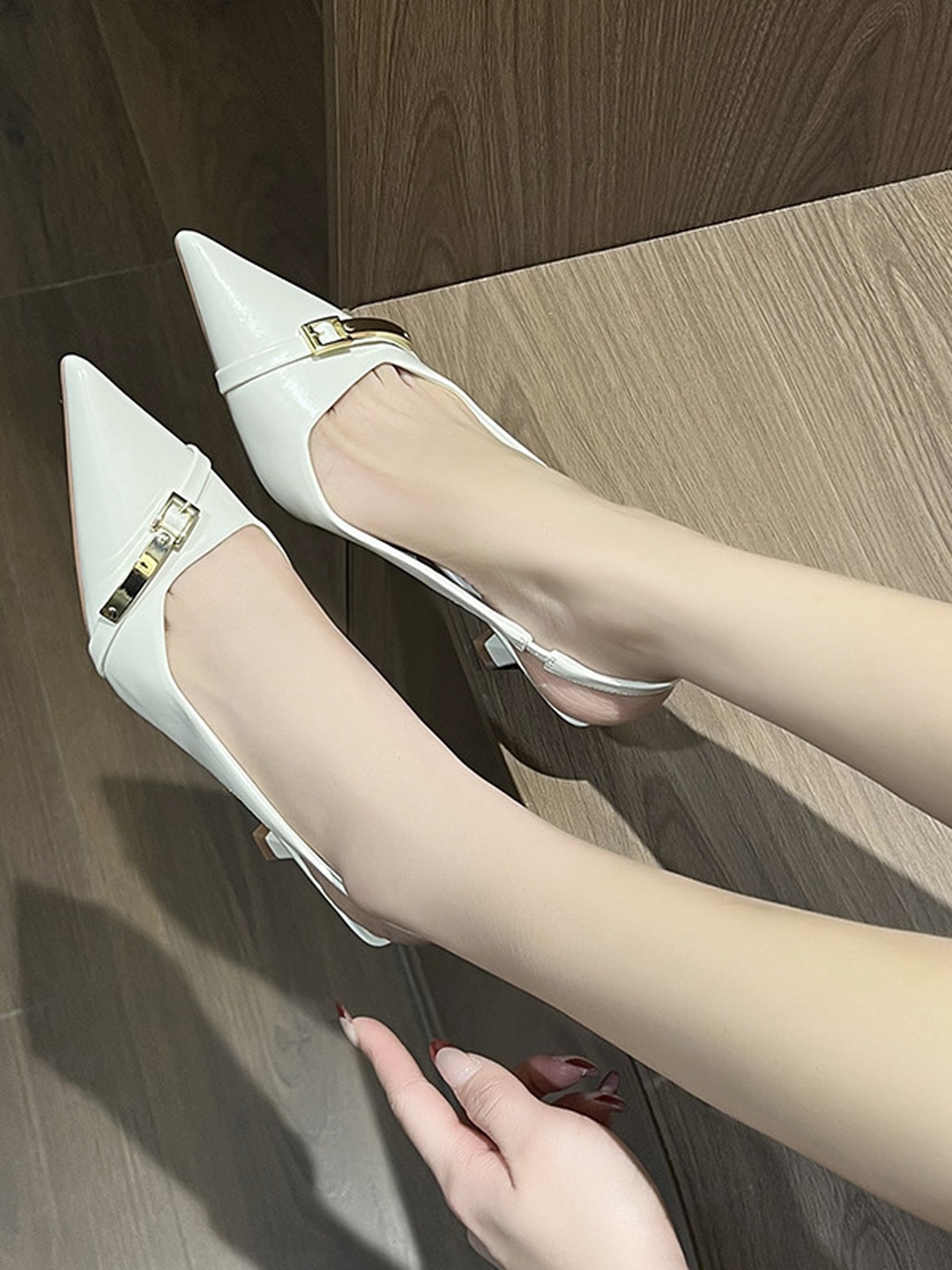White Pointed-Toe Slingback Heels with Gold Buckle Detail