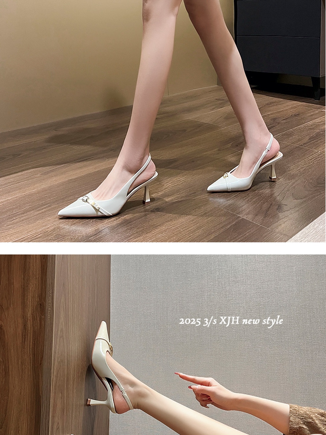 White Pointed-Toe Slingback Heels with Gold Buckle Detail