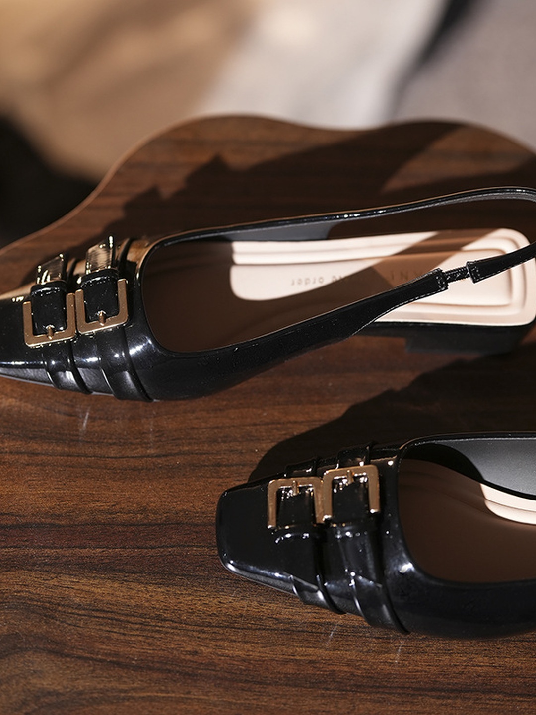 Black Square Toe Slingback Sandals with Double Buckle Detail
