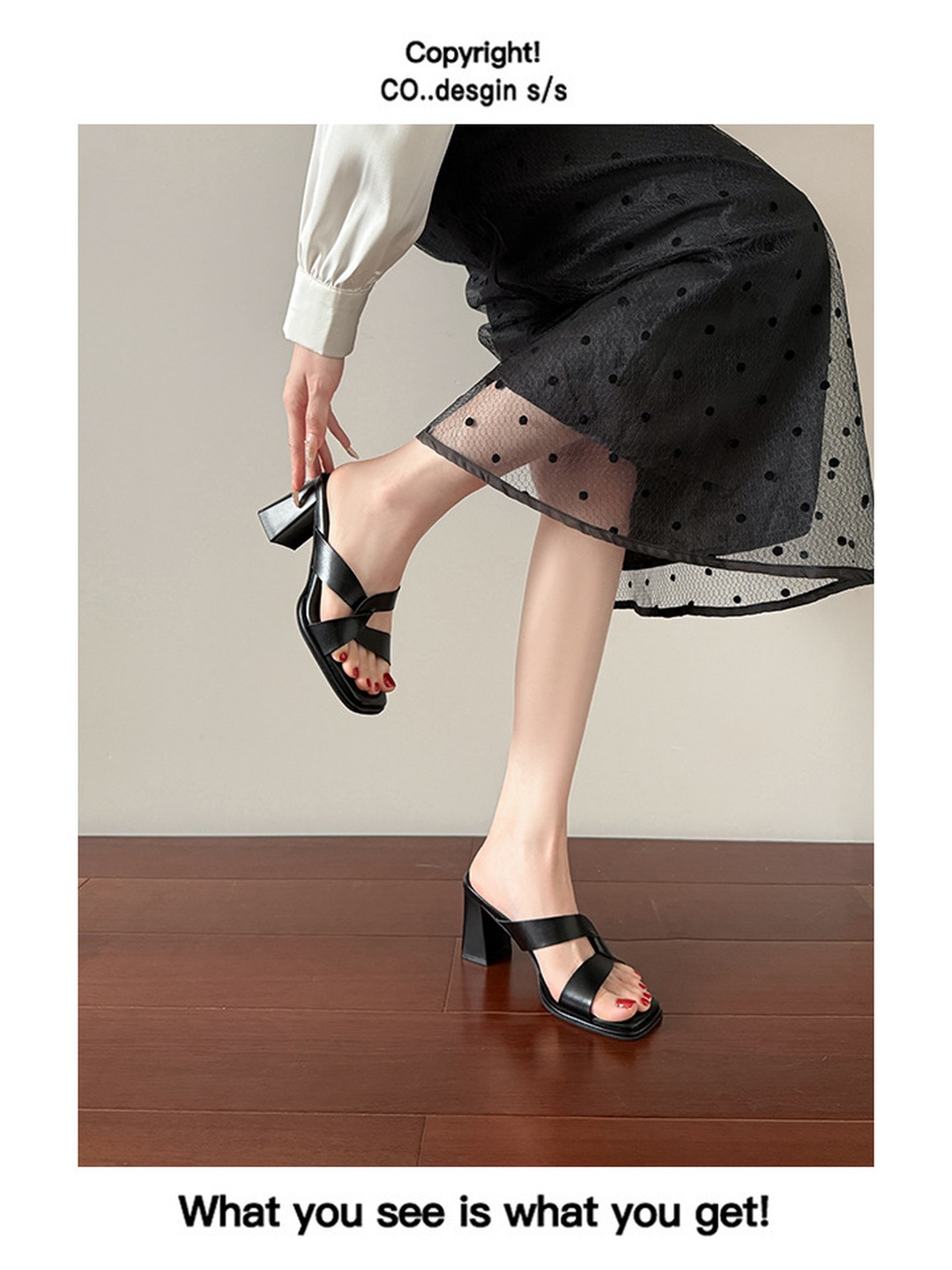 Black Square Toe Block Heel Slide Sandals