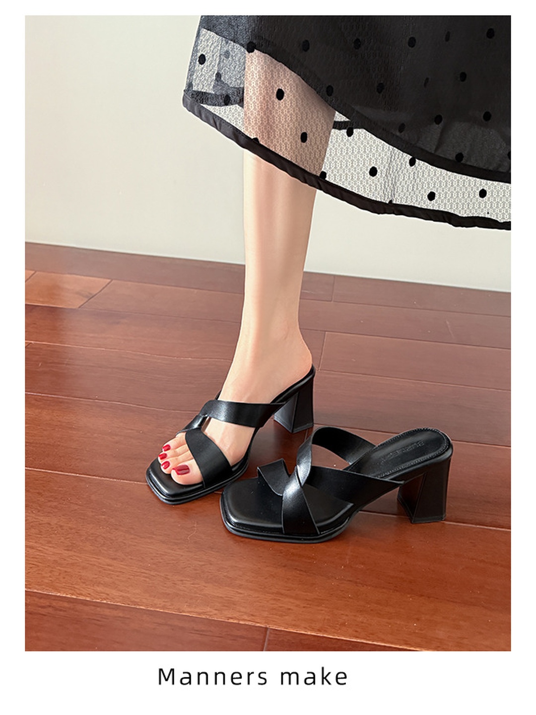 Black Square Toe Block Heel Slide Sandals
