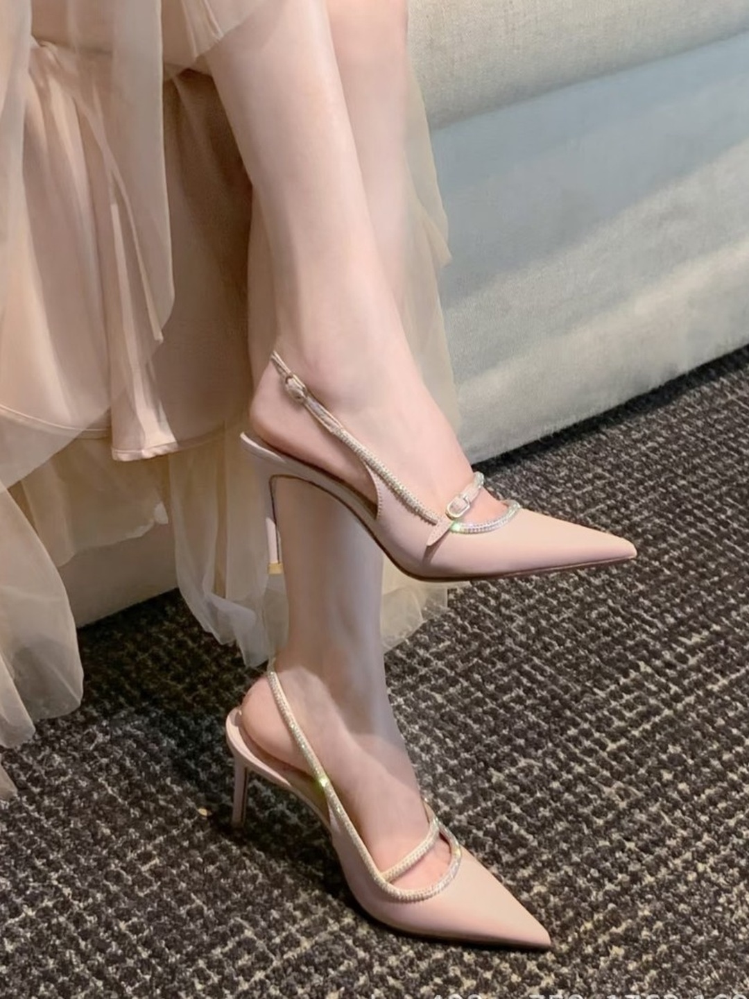 Pink Rhinestone Pointed Slingback High Heels