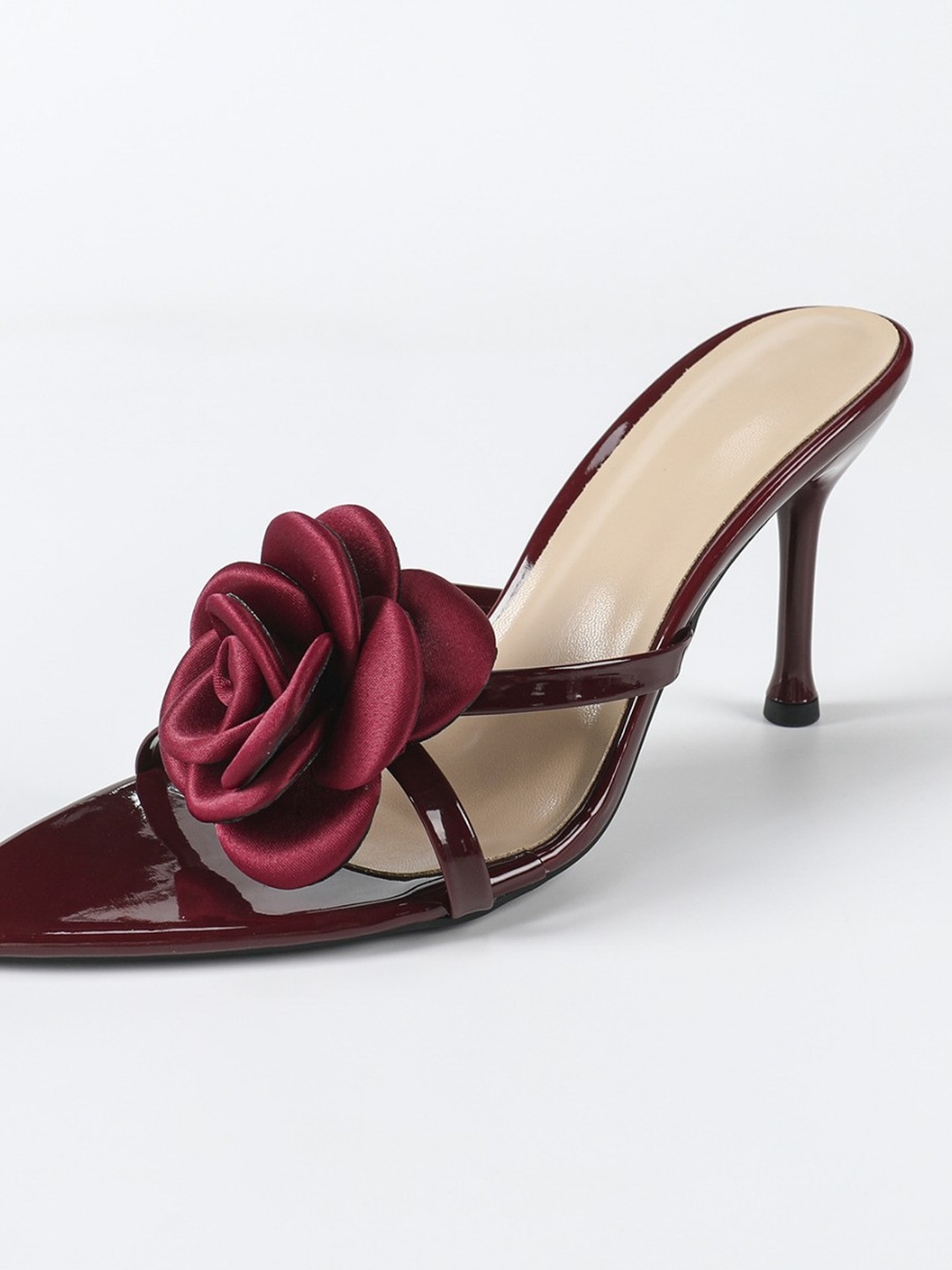 Burgundy Rose Embellished Pointed Toe High Heels