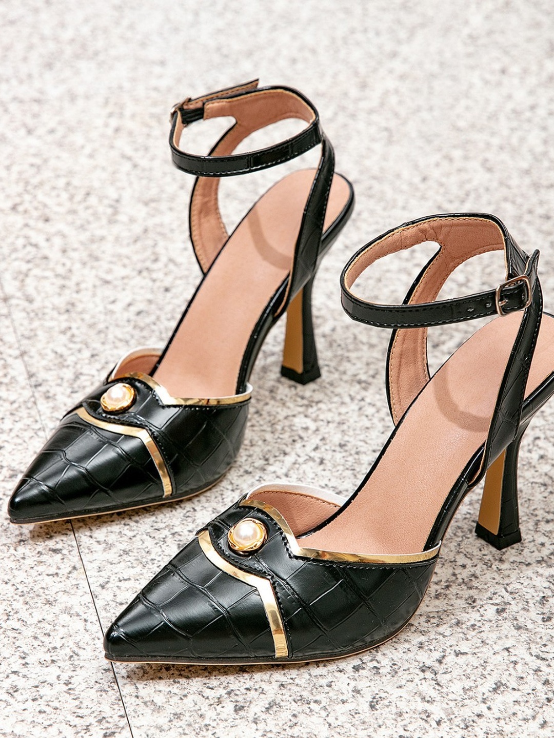 Black Pointed-Toe High Heel Slingback Sandals with Ankle Strap