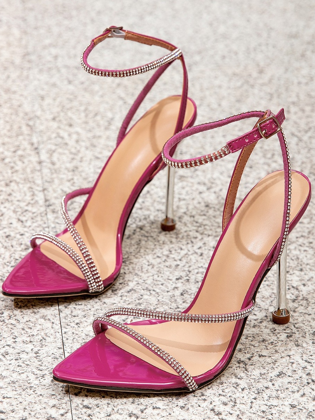 Magenta Rhinestone High Heel Sandals with Ankle Strap