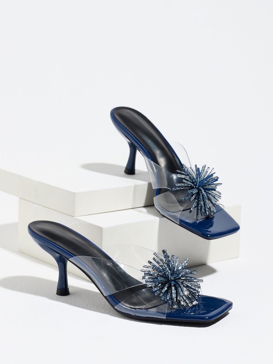 Blue Mid-Heel Sandals with Clear Straps and Crystal Detail