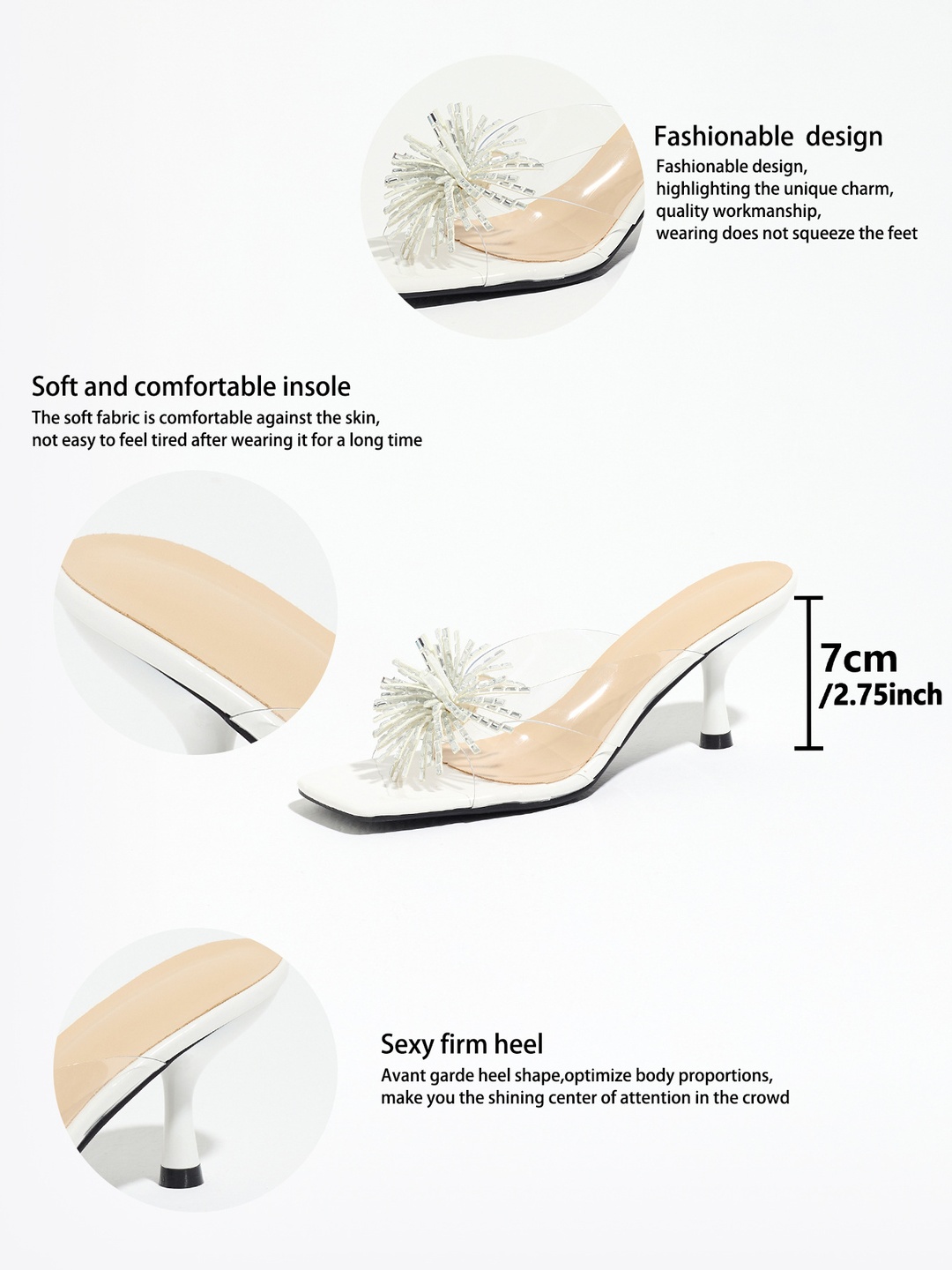 White Mid-Heel Sandals with Clear Straps and Sparkle Embellishment