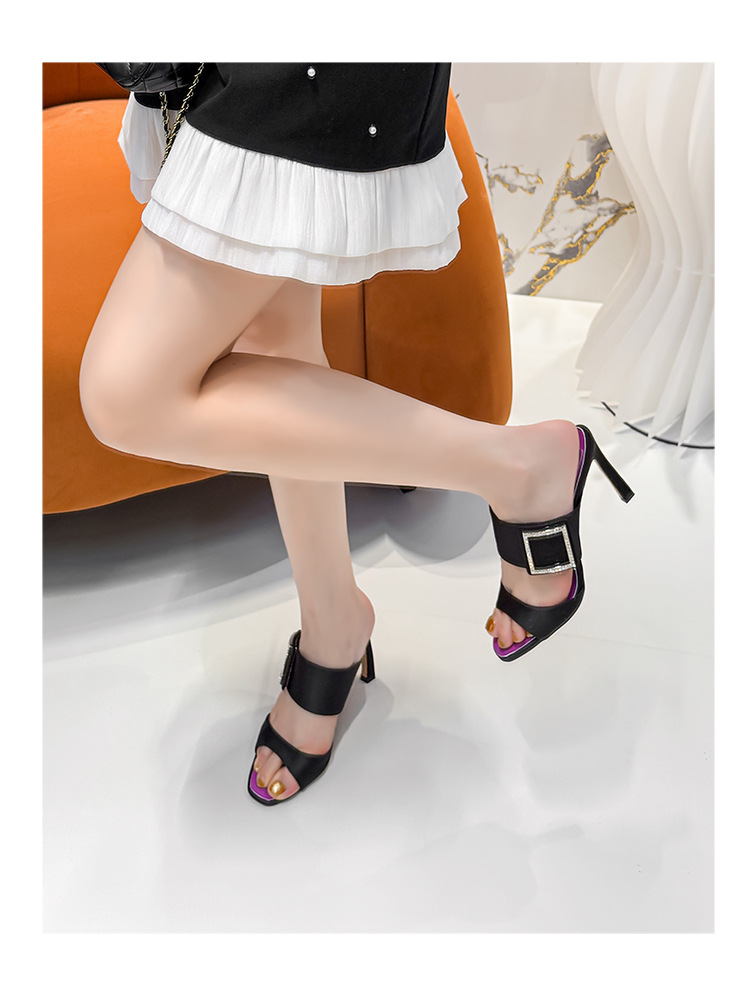 Black Satin High-Heel Sandals with Rhinestone Buckle