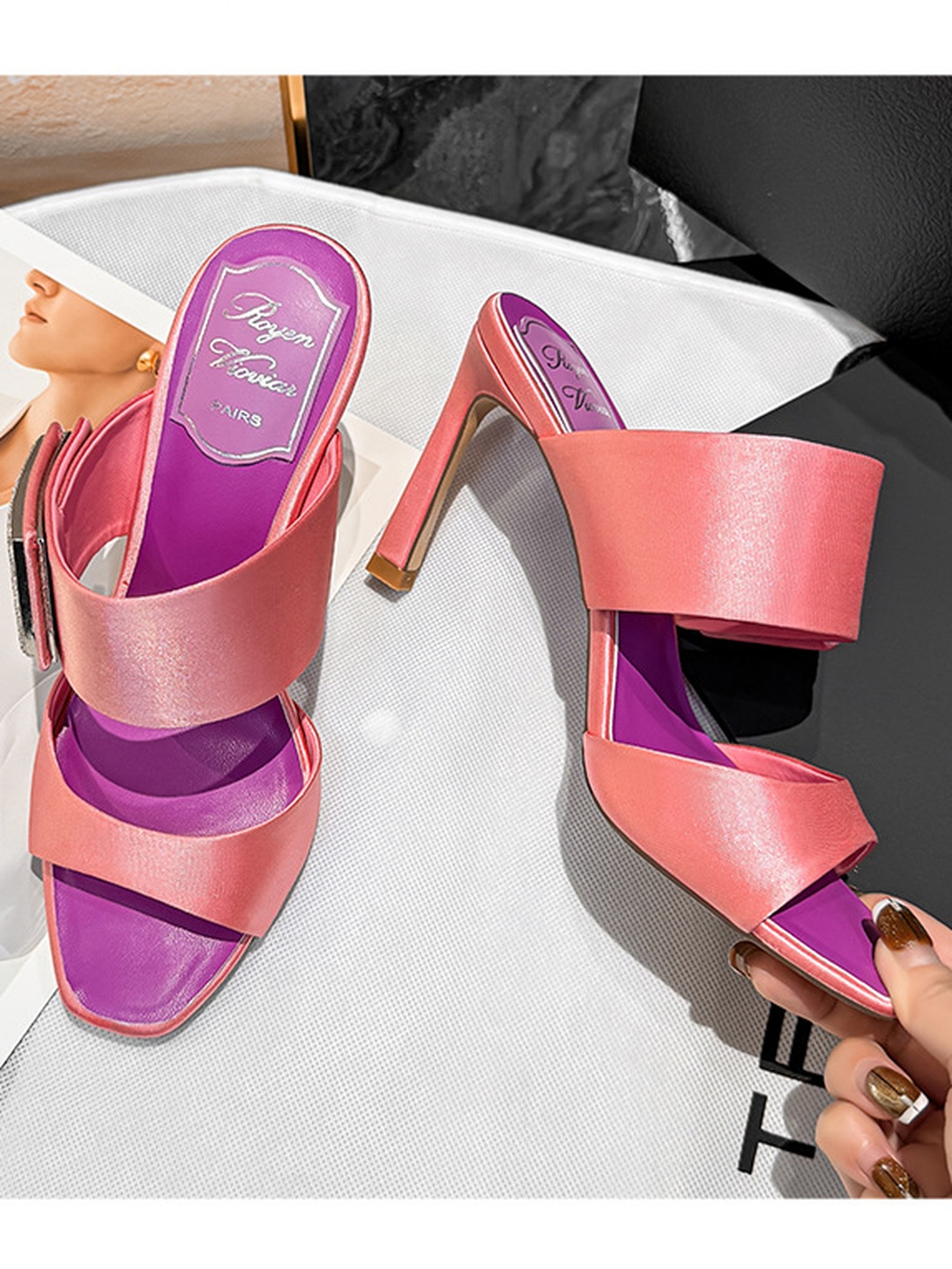Pink Satin High Heel Sandals with Rhinestone Buckle