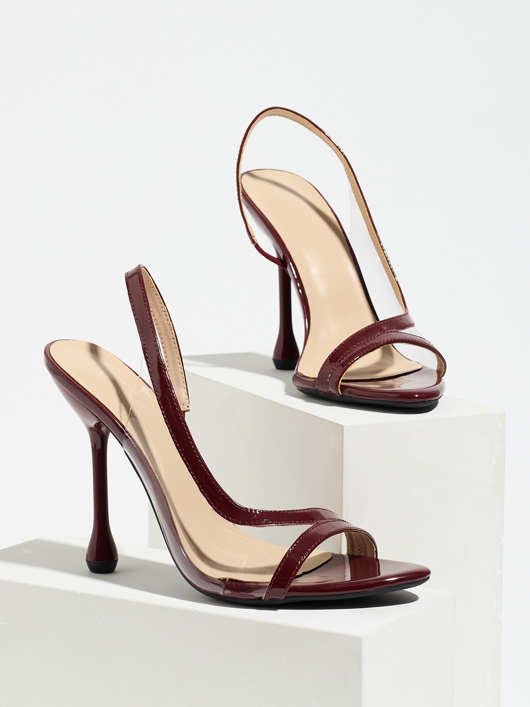Women Burgundy Patent High Heel Slingback Sandals