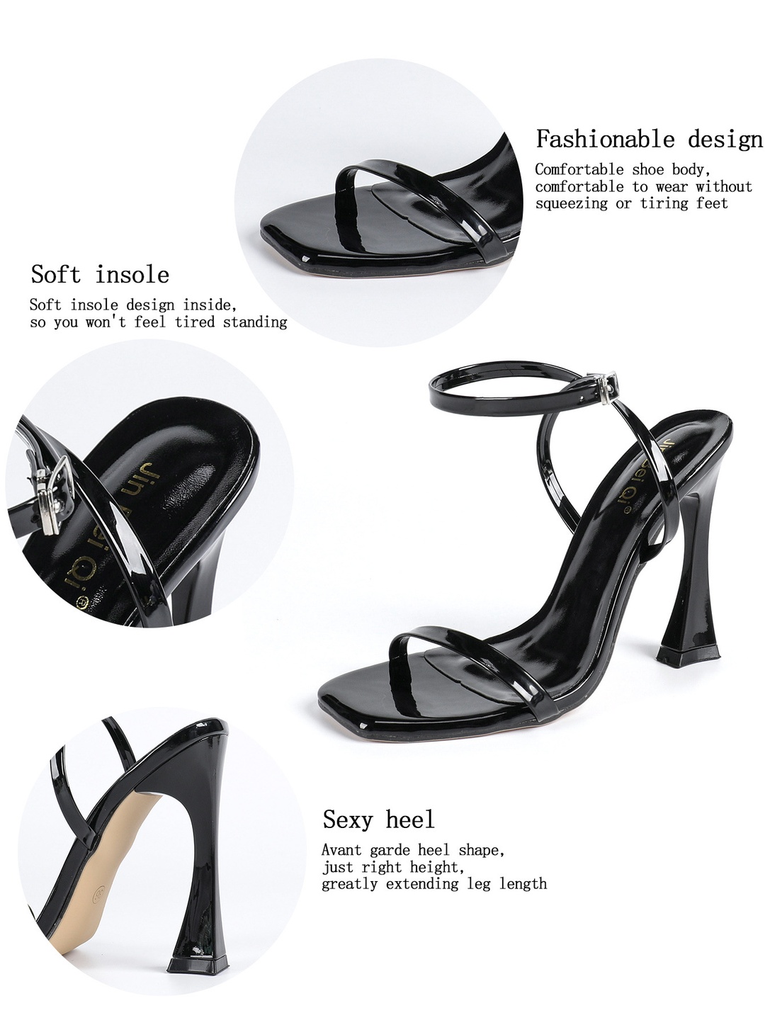Black Square Toe High Heel Sandals