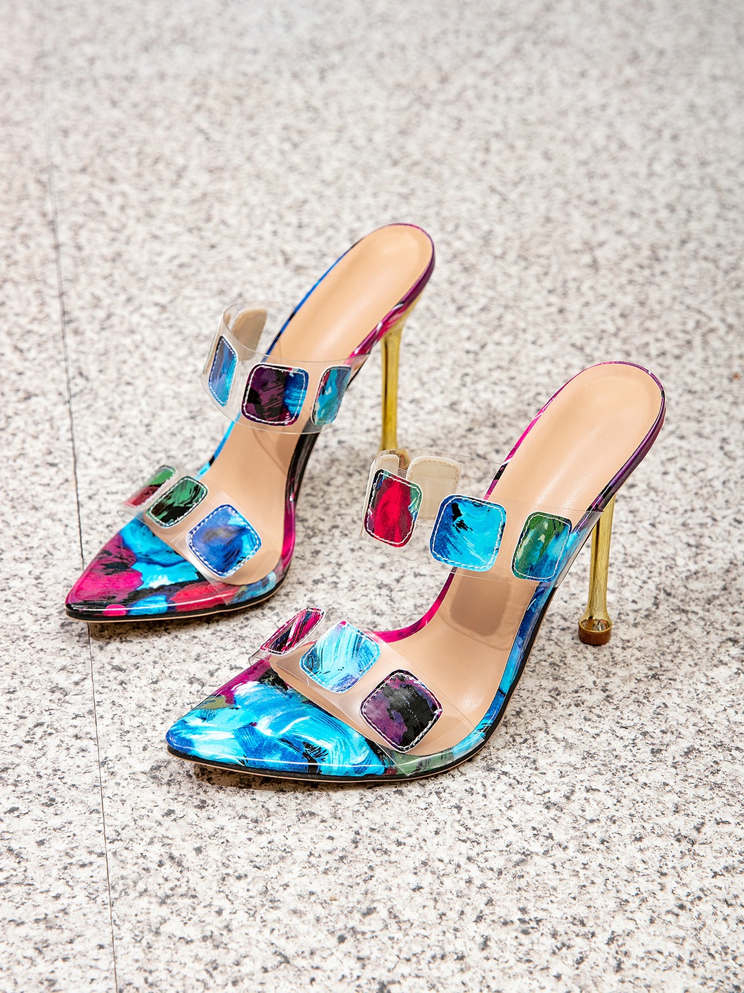 Light Blue Floral Pointed Toe Stiletto Sandals with Clear Straps