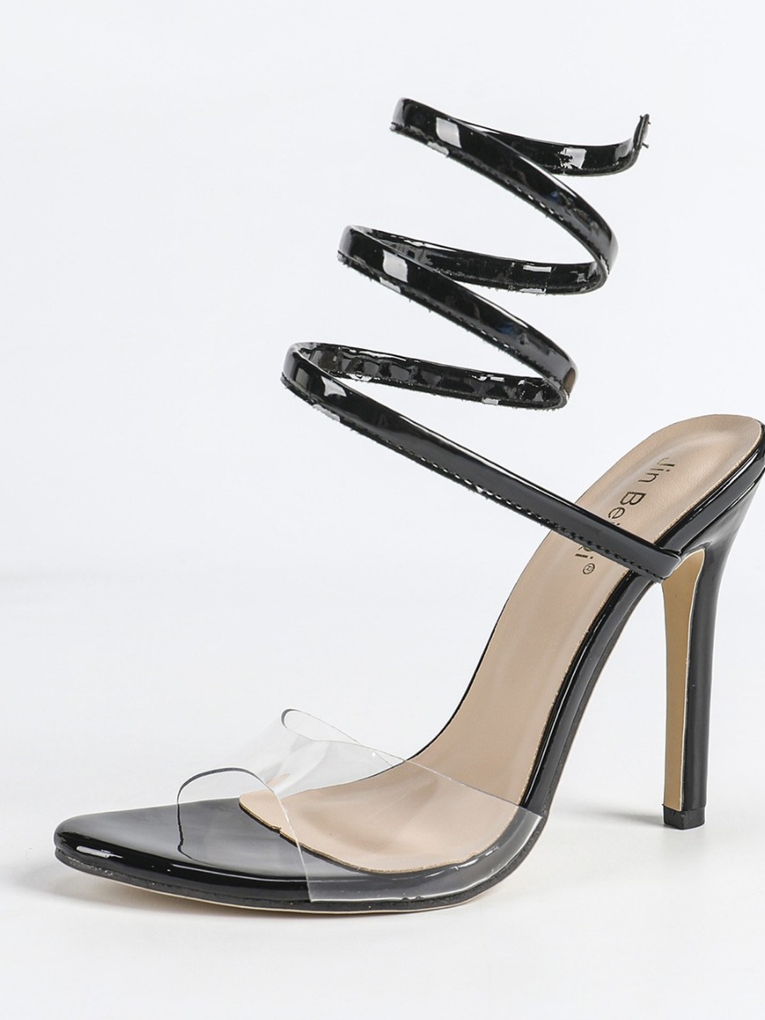 Black and Clear Stiletto Sandals with Ankle Wrap