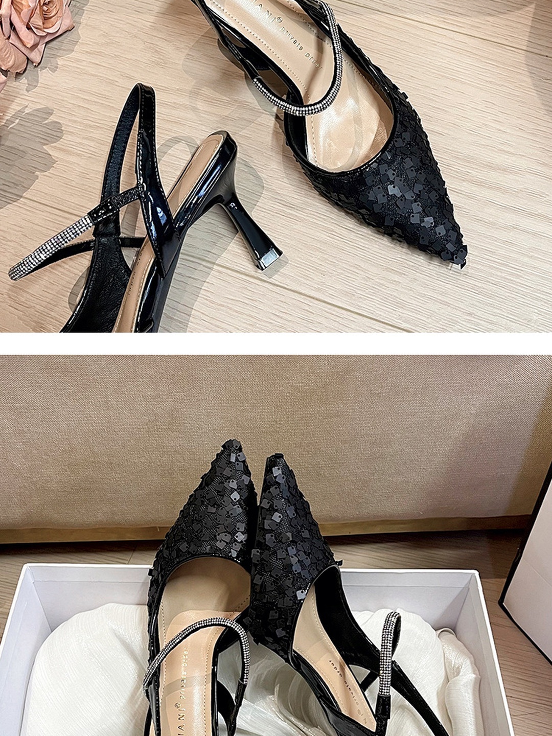 Black Sequin Pointed-Toe Slingback Stiletto Heels