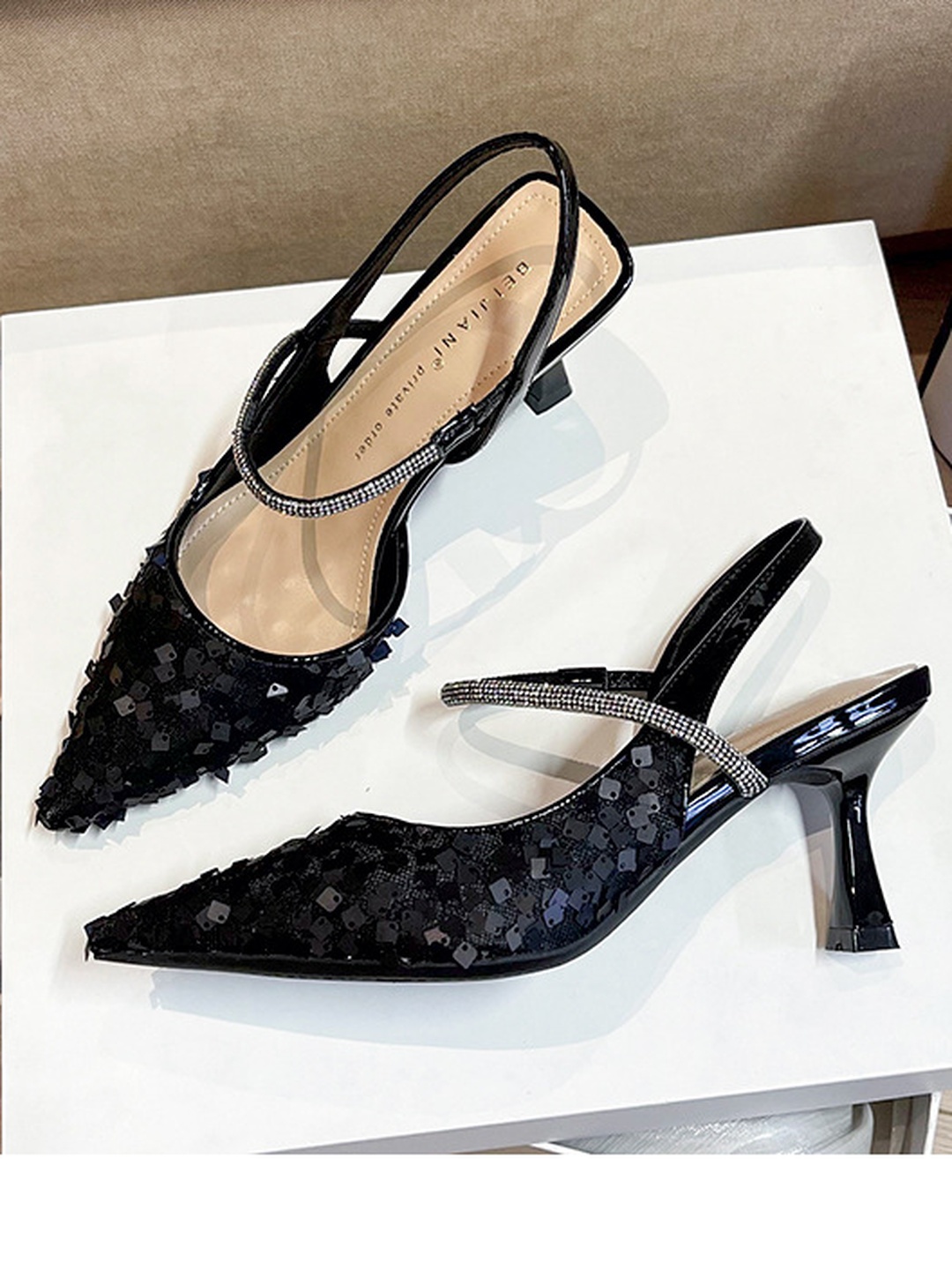 Black Sequin Pointed-Toe Slingback Stiletto Heels
