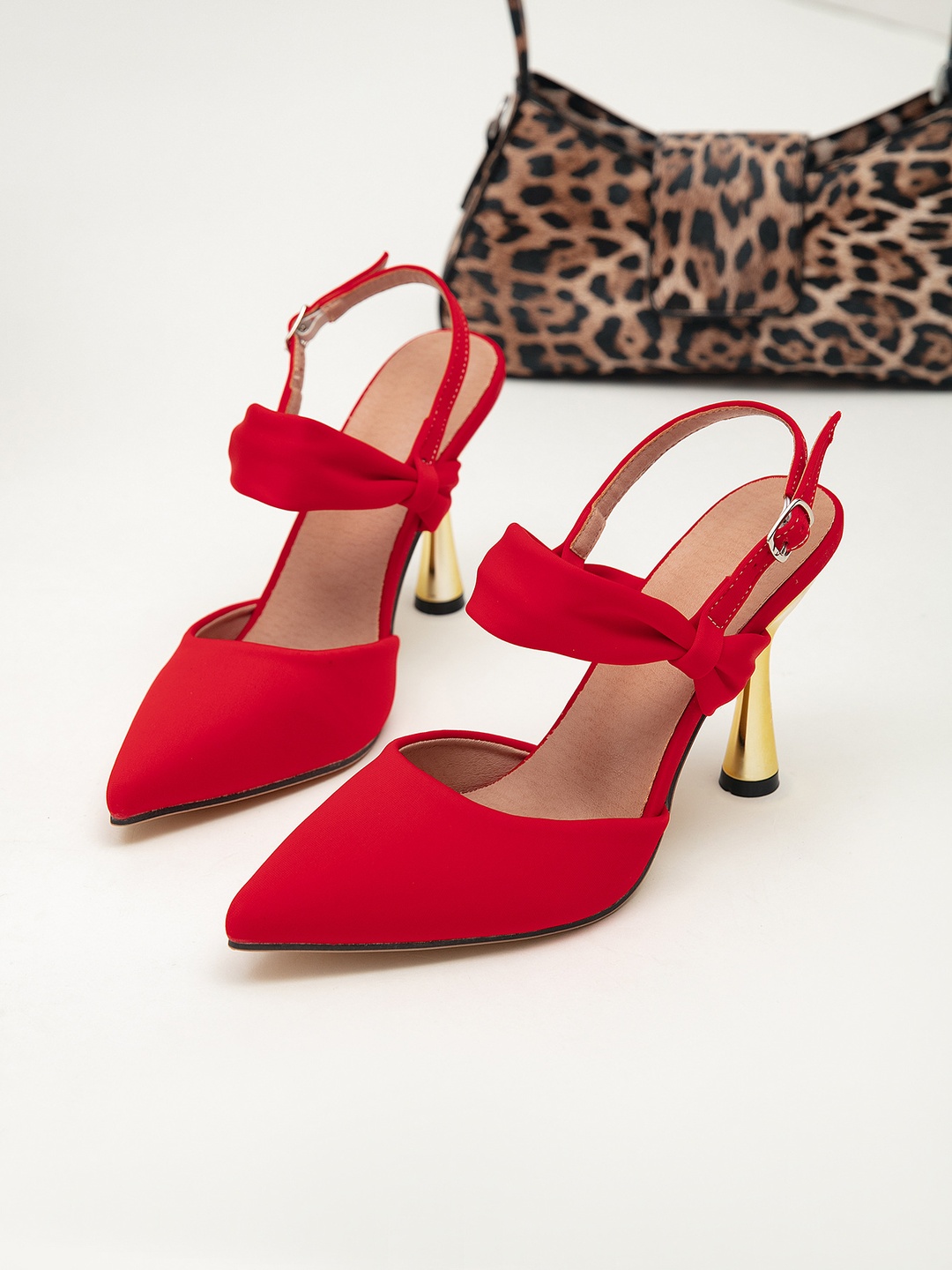 Red Slingback High Heels with Bow Detail